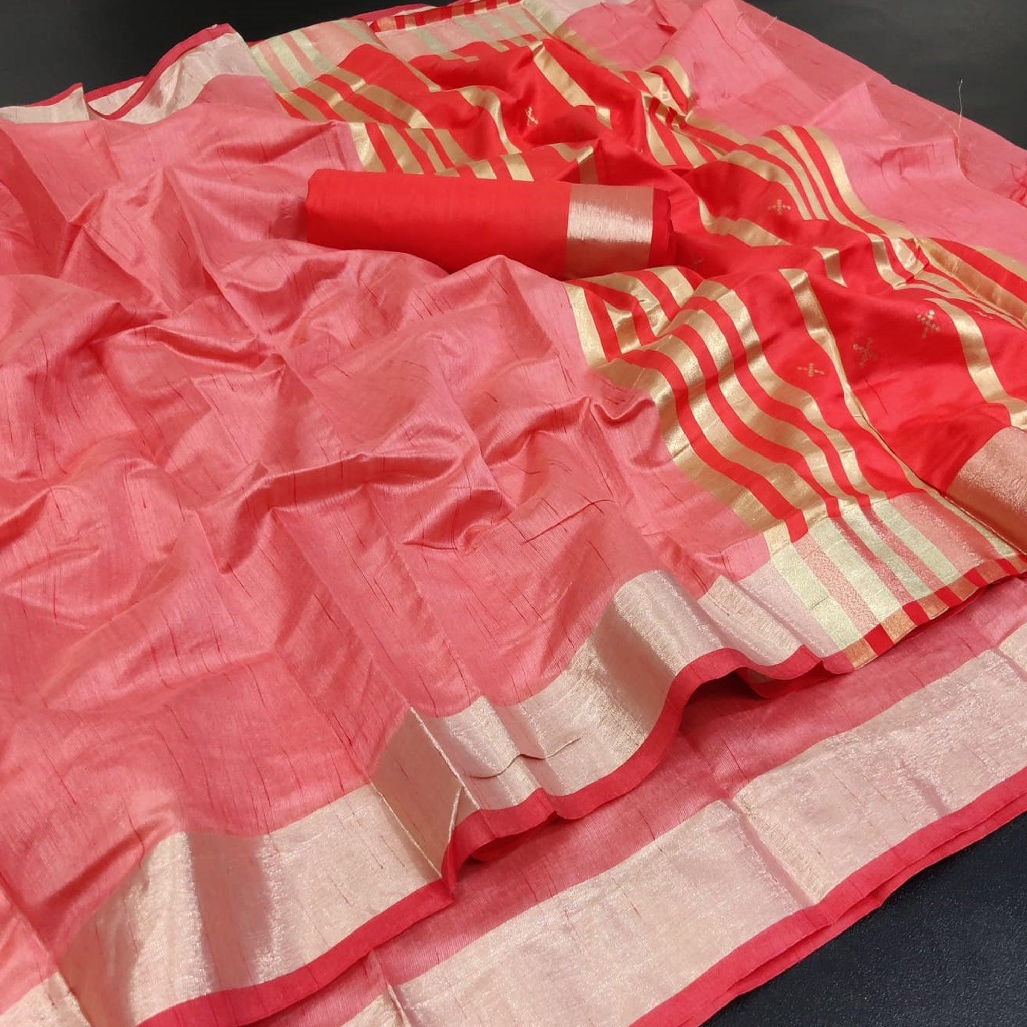 Peach Gajari Festive Wear Woven Jute Saree - Peachmode