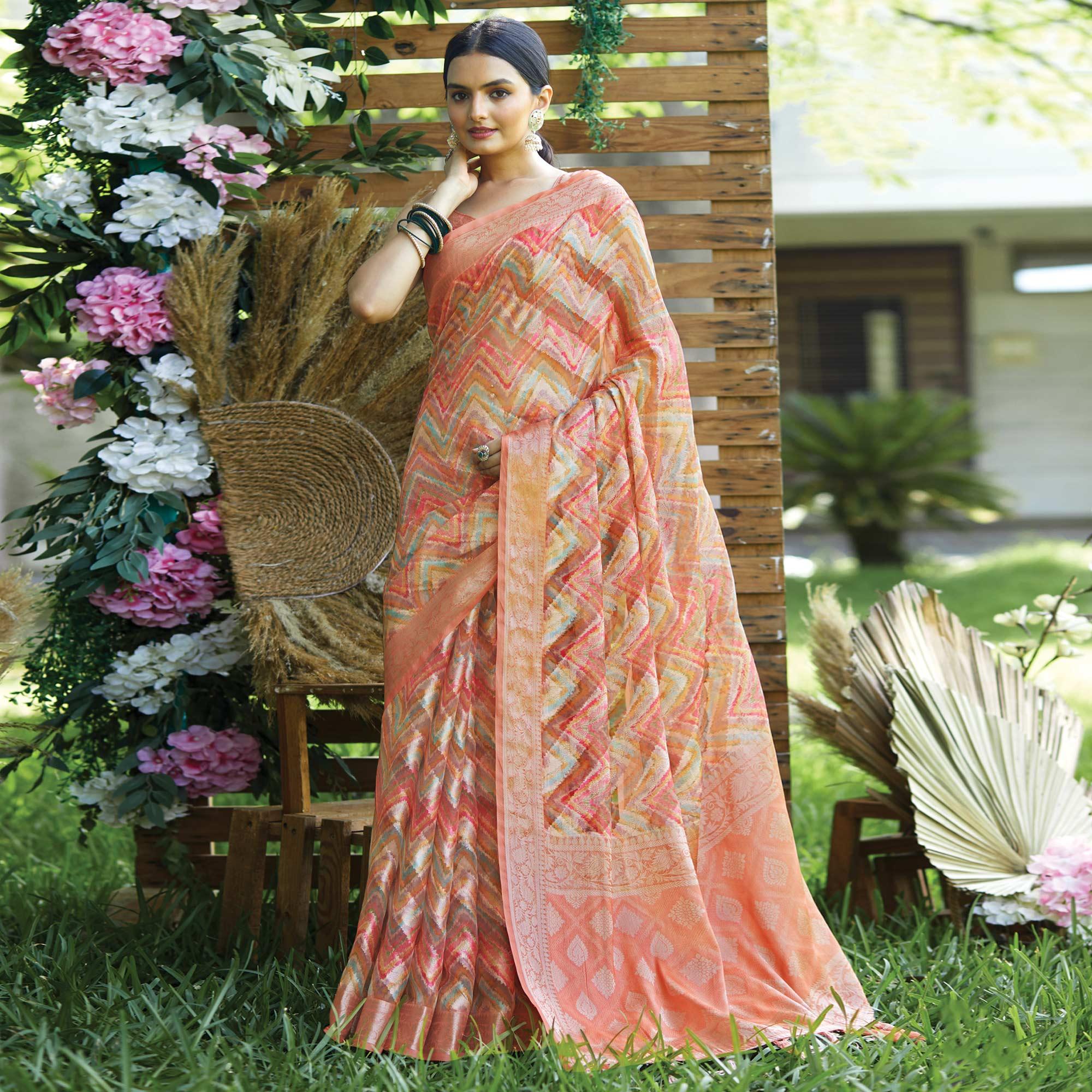 Peach Geometric Printed Art Silk Saree With Tassels - Peachmode