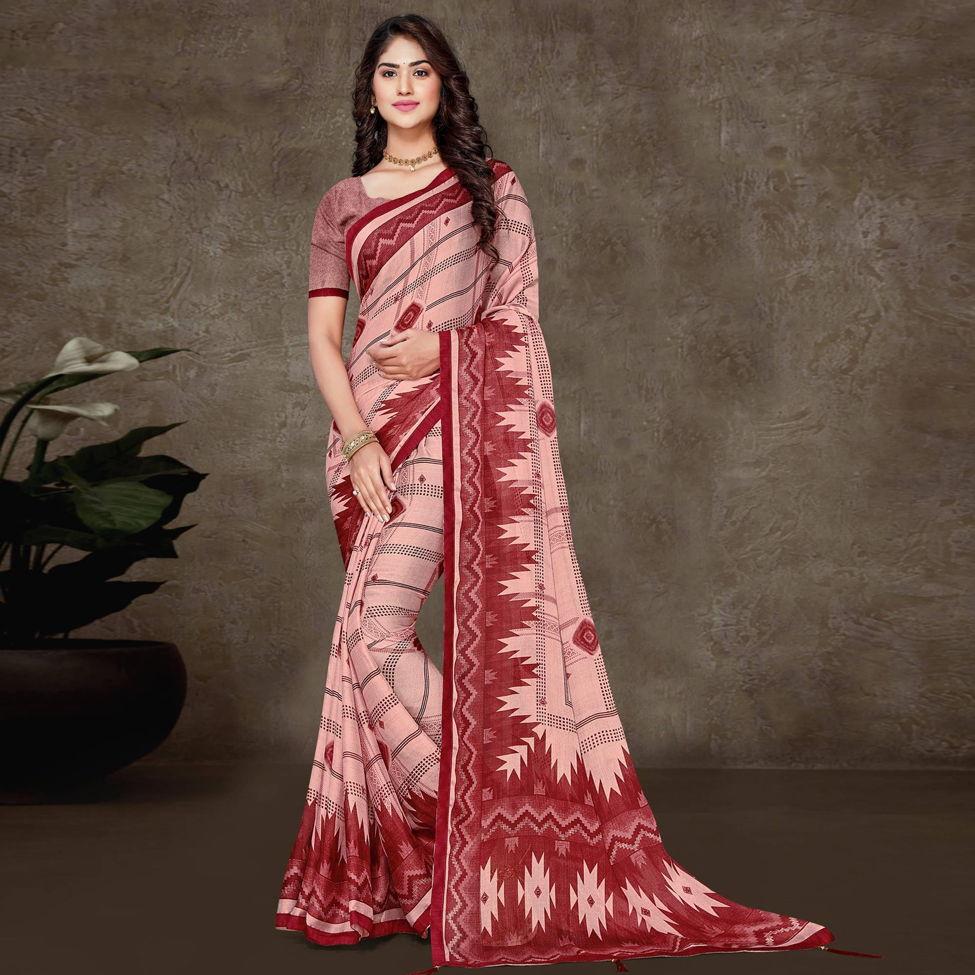 Peach Geometric Printed Chiffon Saree With Tassels - Peachmode