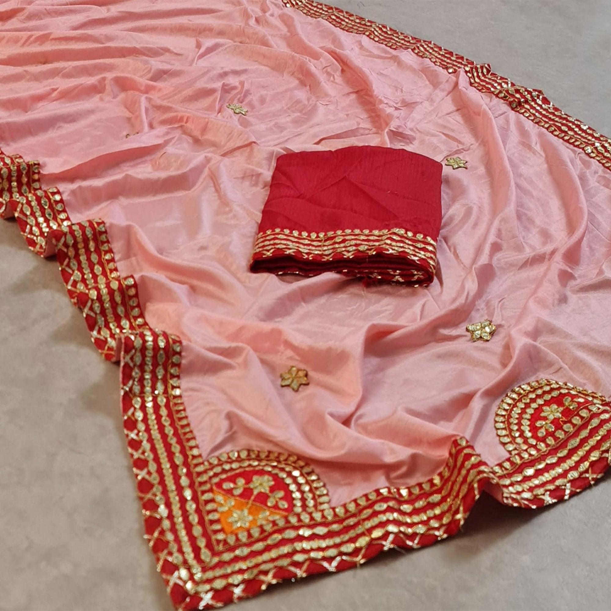 Peach Gota Embroidered Dola Silk Saree - Peachmode