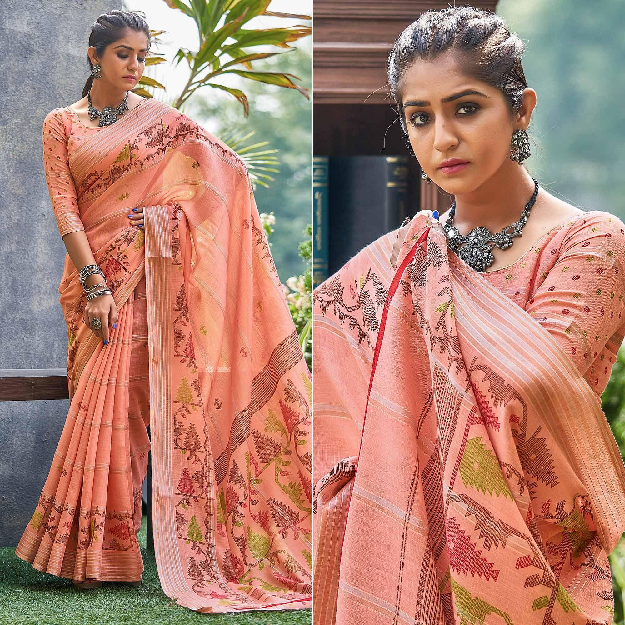 Peach Ikkat Printed Linen Saree - Peachmode