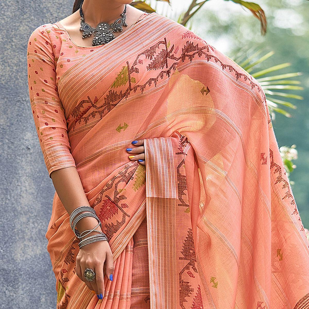 Peach Ikkat Printed Linen Saree - Peachmode
