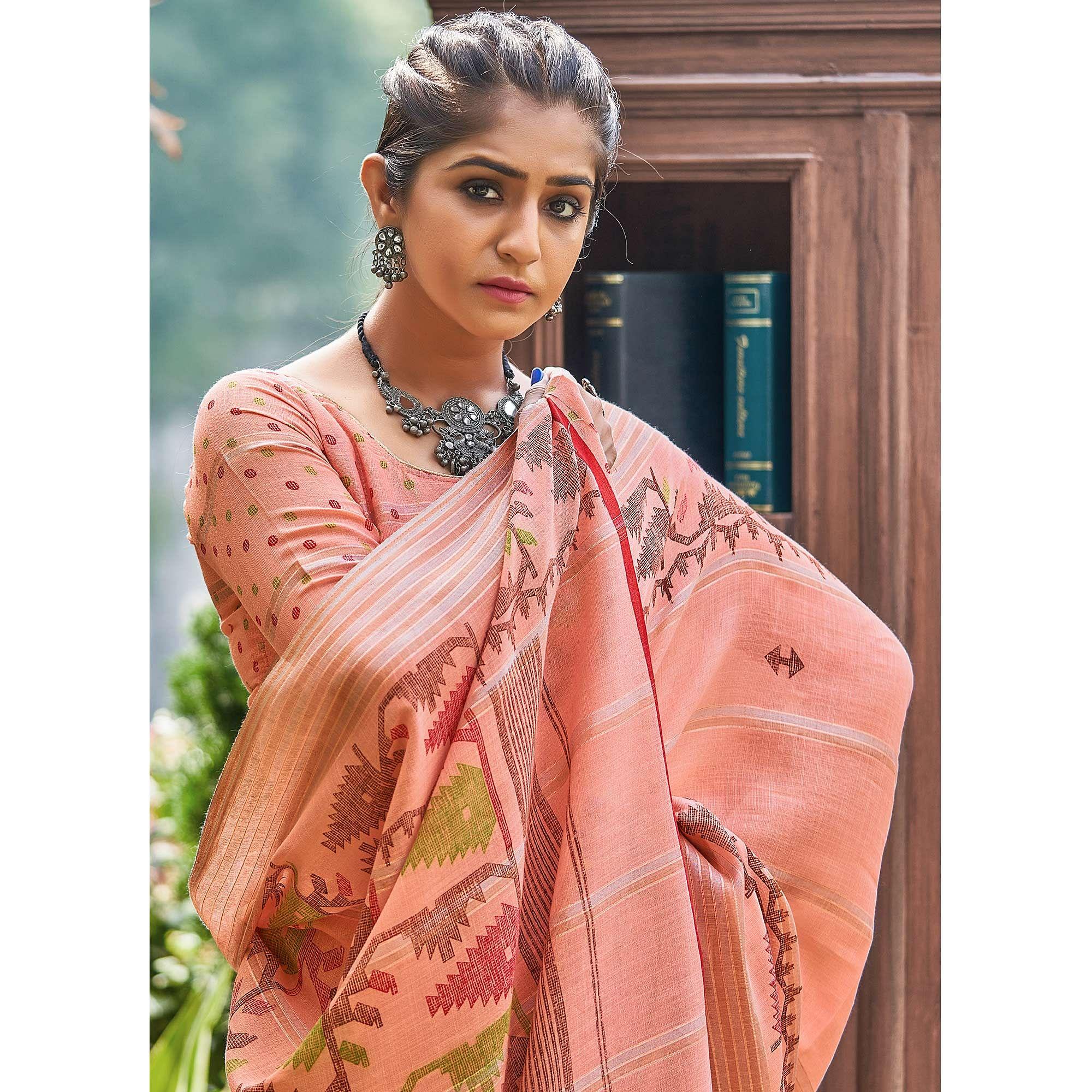 Peach Ikkat Printed Linen Saree - Peachmode