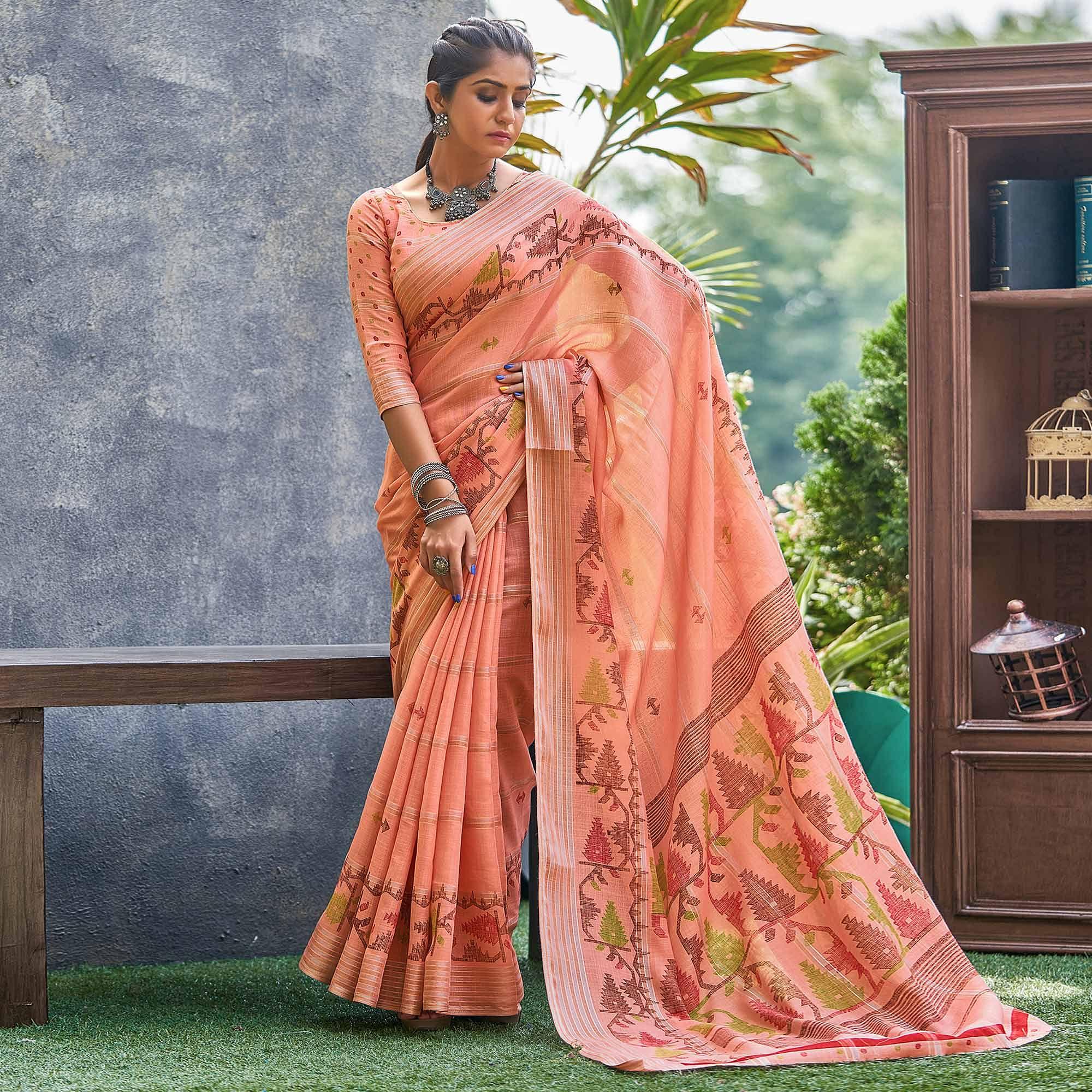 Peach Ikkat Printed Linen Saree - Peachmode