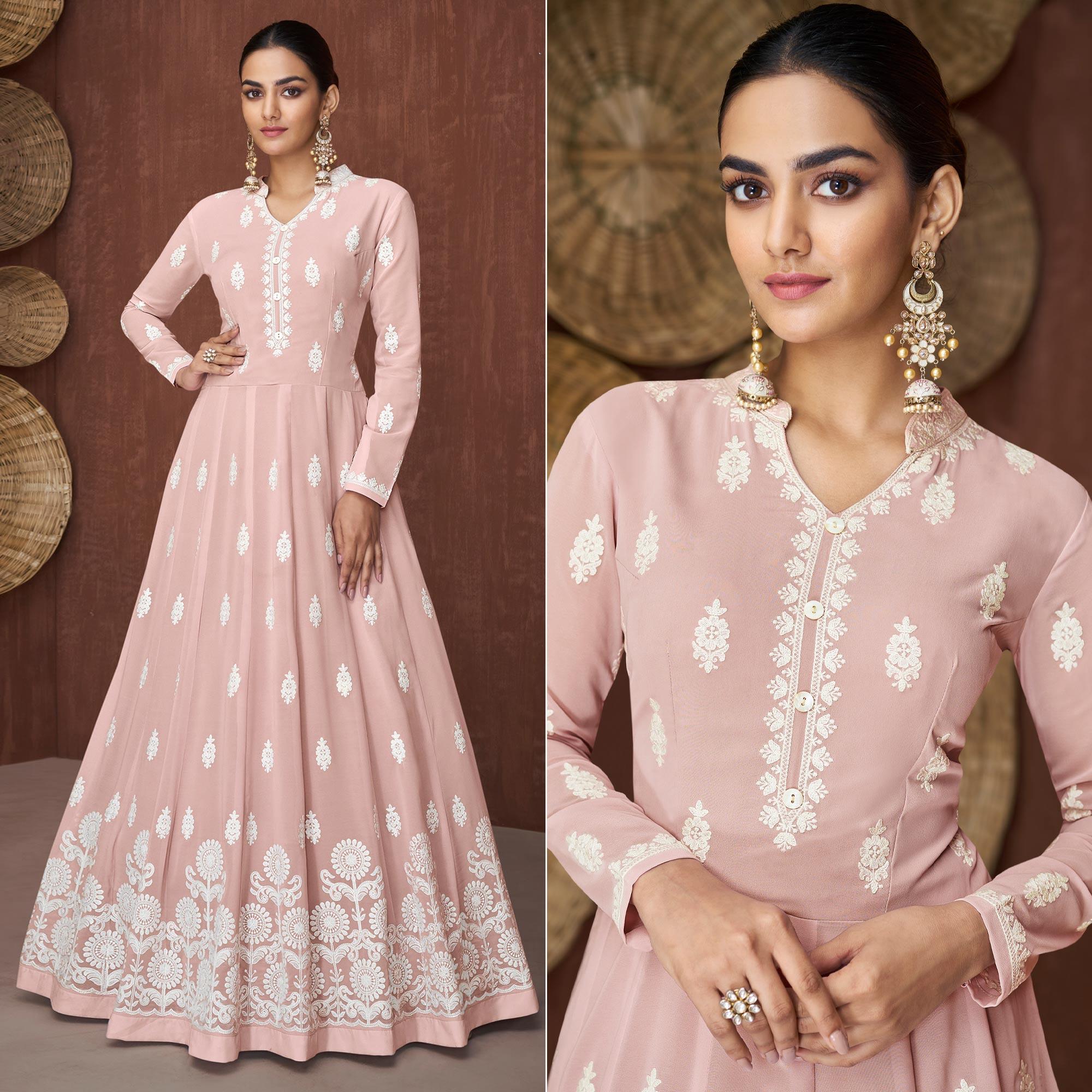 Peach Lucknowi Embroidered Georgette Gown - Peachmode