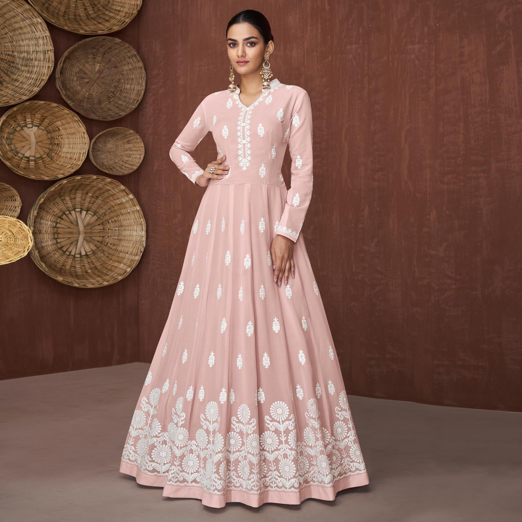 Peach Lucknowi Embroidered Georgette Gown - Peachmode