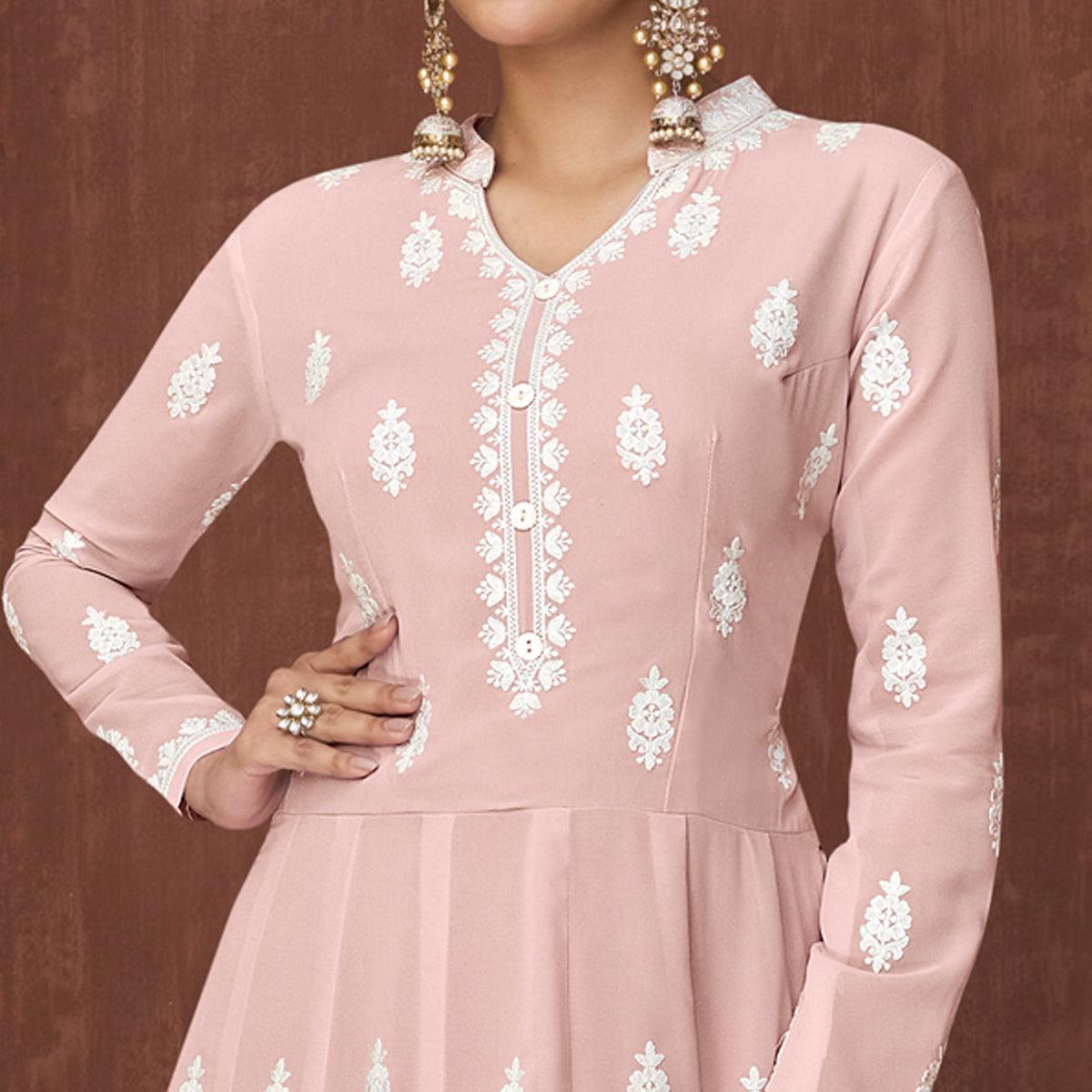 Peach Lucknowi Embroidered Georgette Gown - Peachmode
