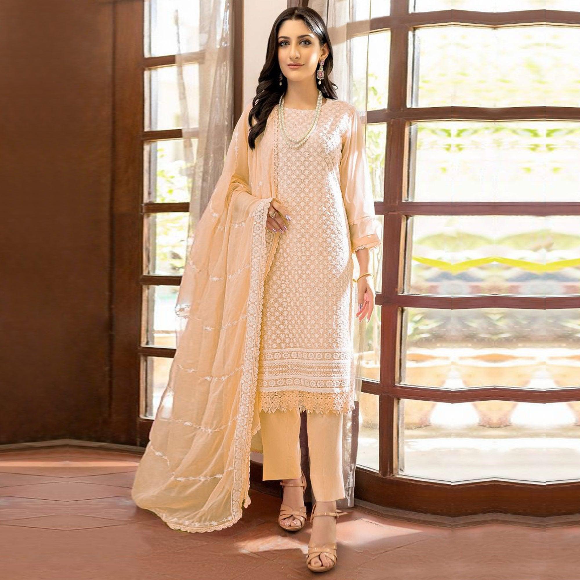 Peach Lucknowi Embroidered Georgette Pakistani Suit - Peachmode