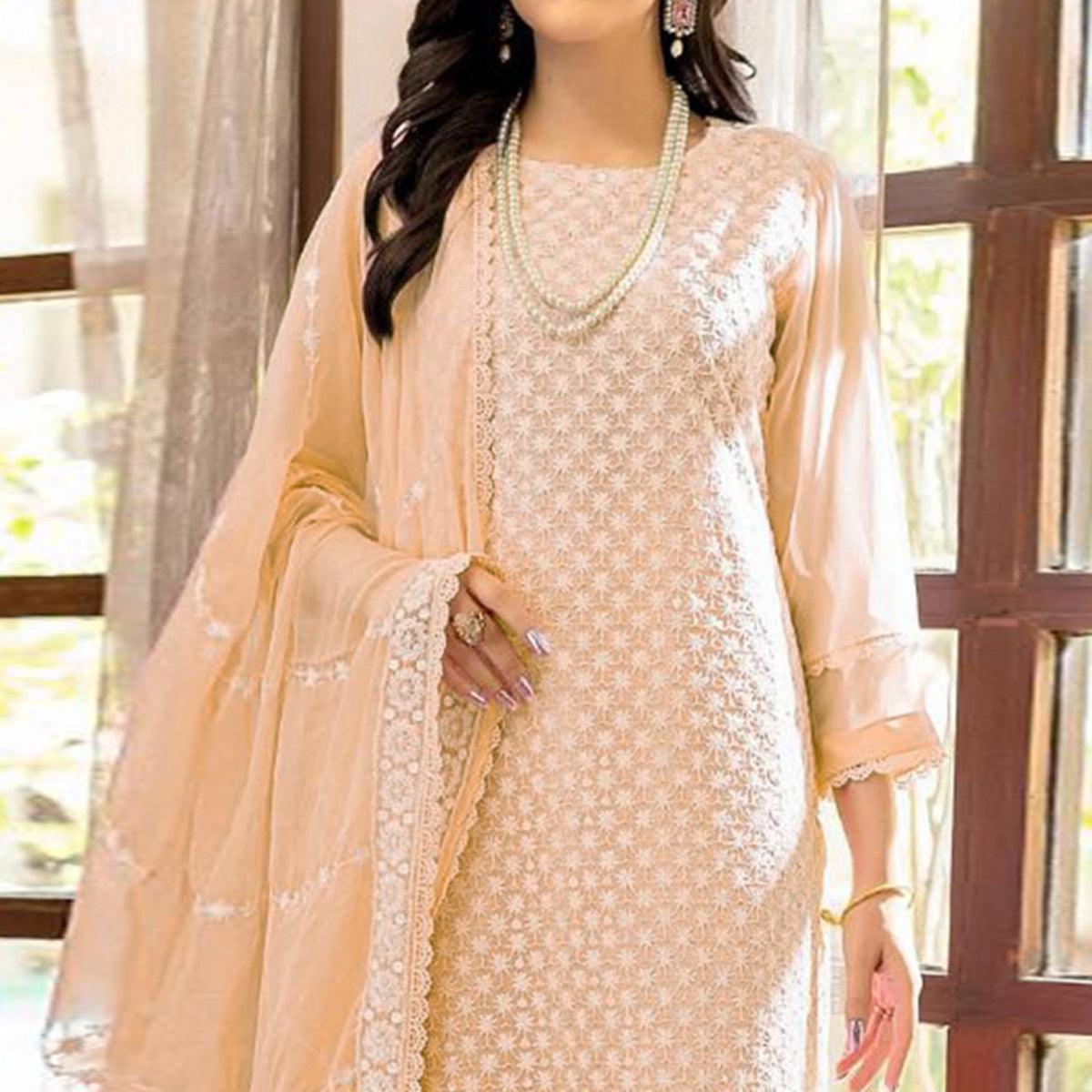 Peach Lucknowi Embroidered Georgette Pakistani Suit - Peachmode