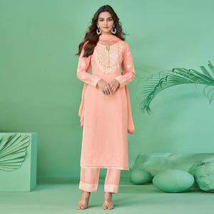 Peach Lucknowi Embroidered Rayon Kurti Pant Set With Dupatta - Peachmode