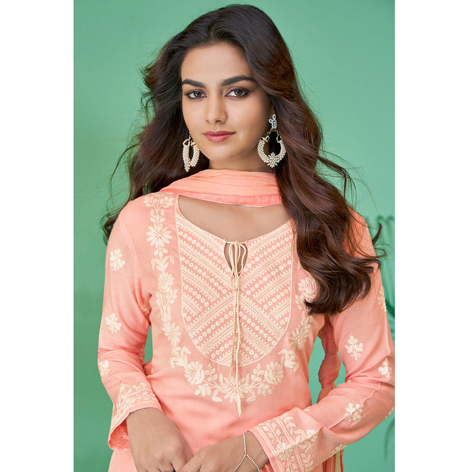 Peach Lucknowi Embroidered Rayon Kurti Pant Set With Dupatta - Peachmode