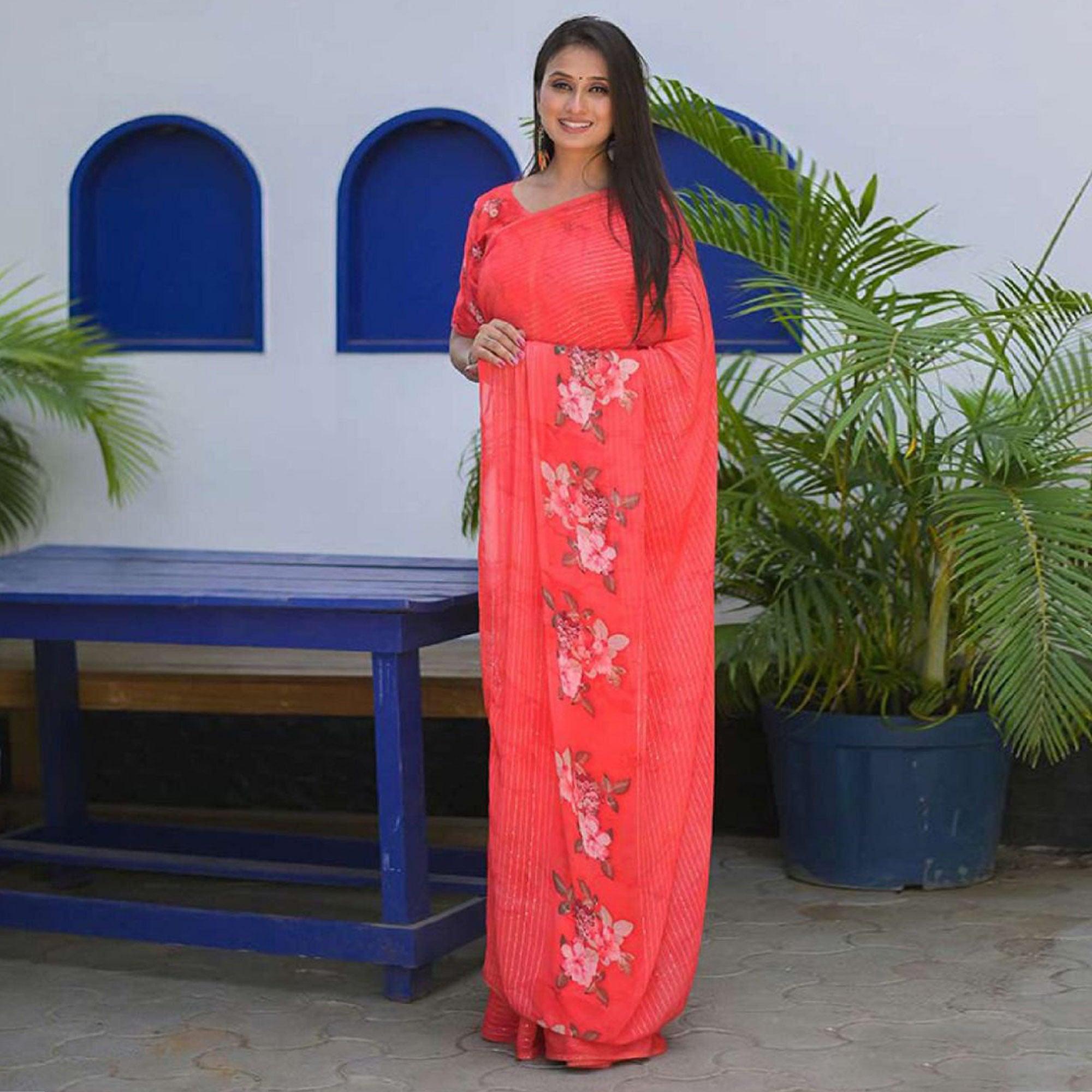 Peach Party Wear Digital Printed Georgette Saree - Peachmode