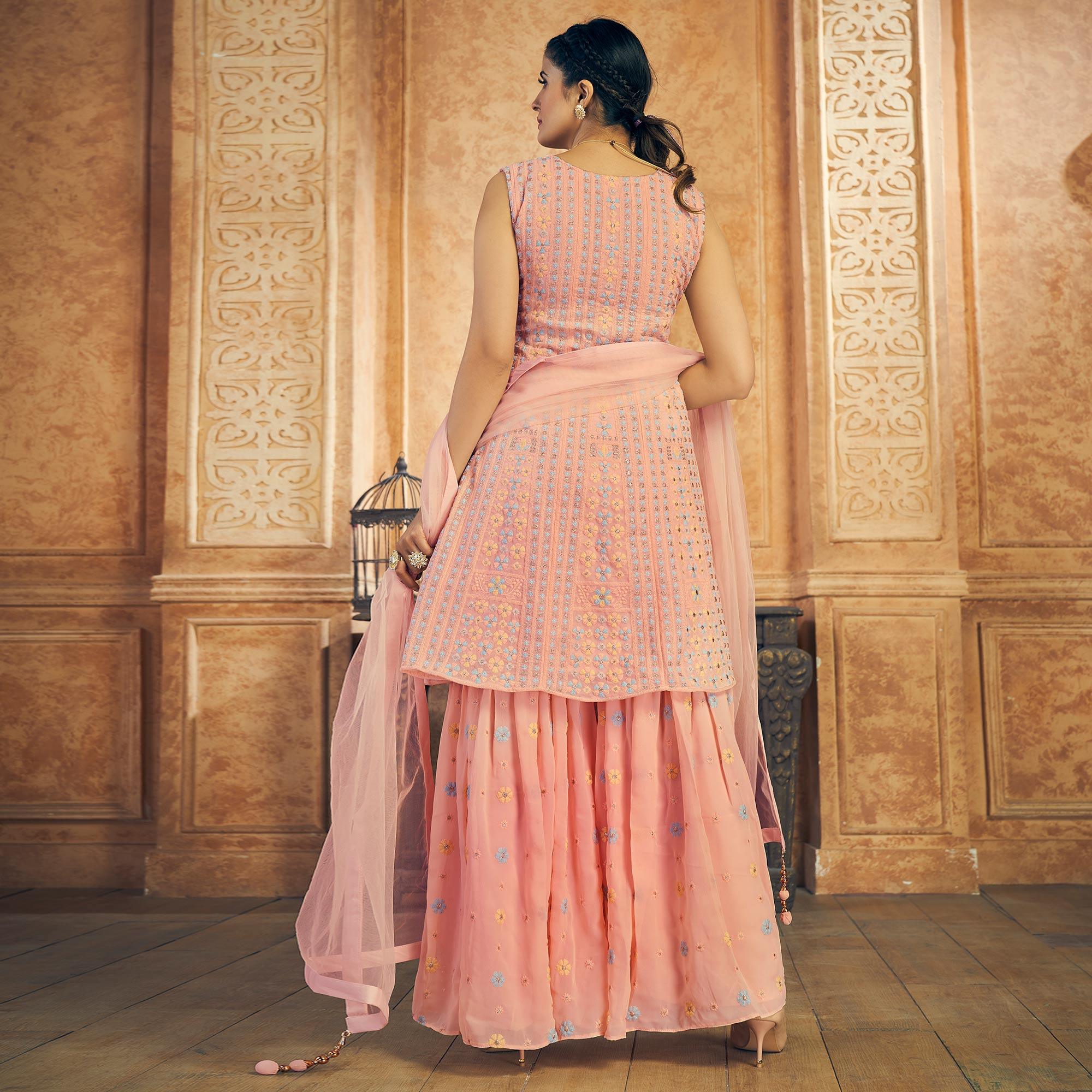 Peach Party Wear Embroiddered Georgette Sharara Suit - Peachmode