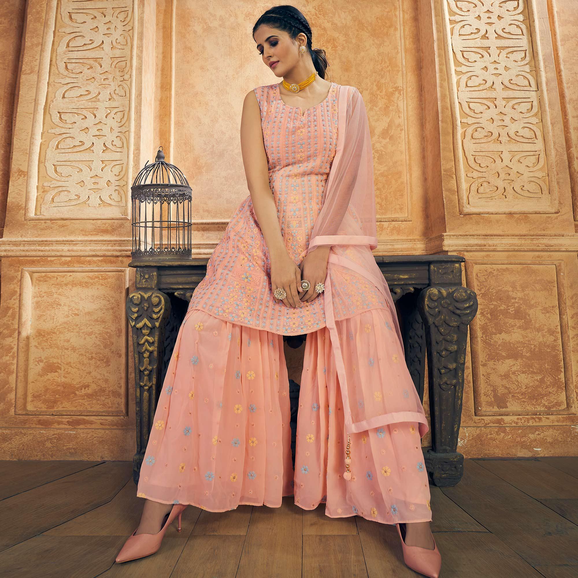 Peach Party Wear Embroiddered Georgette Sharara Suit - Peachmode