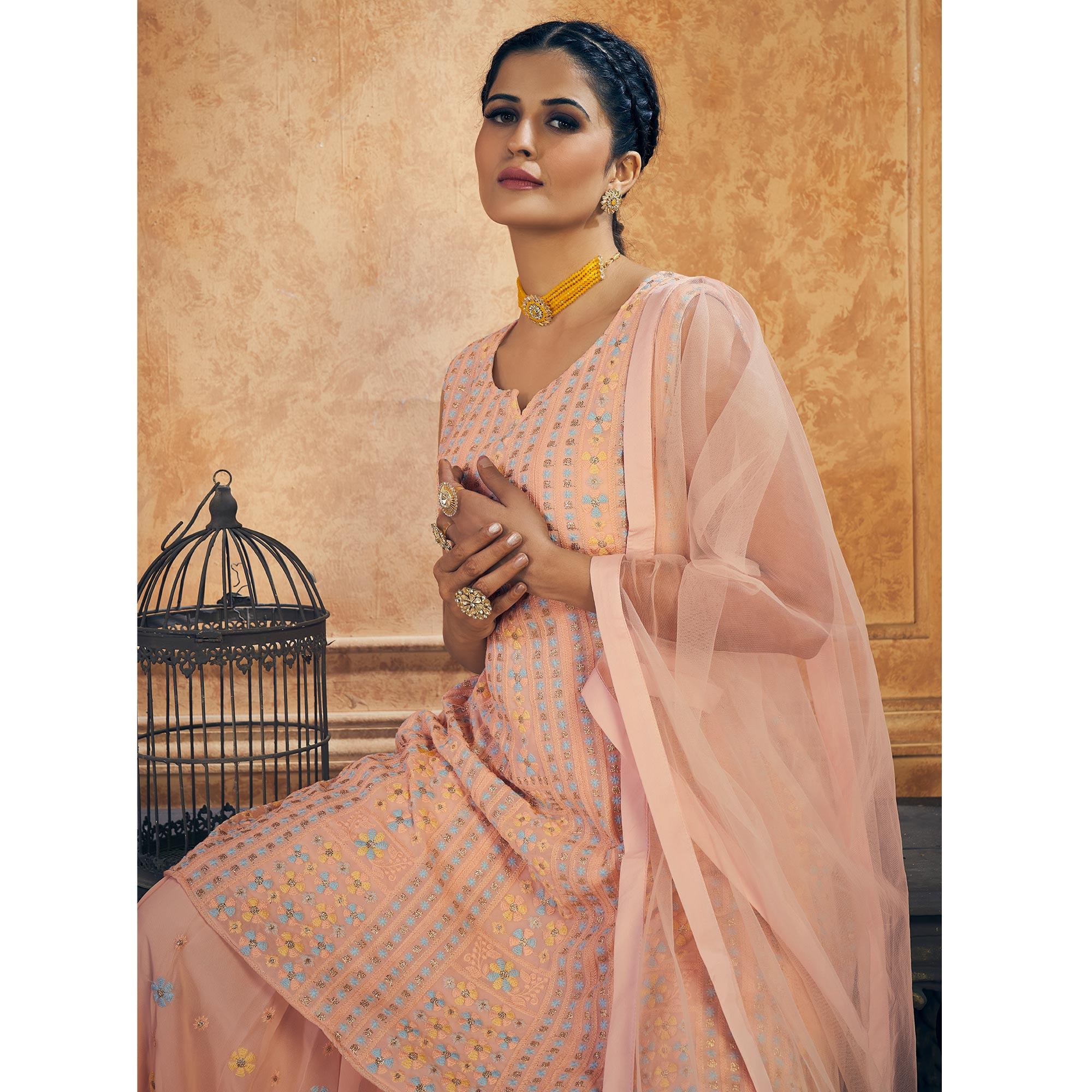 Peach Party Wear Embroiddered Georgette Sharara Suit - Peachmode