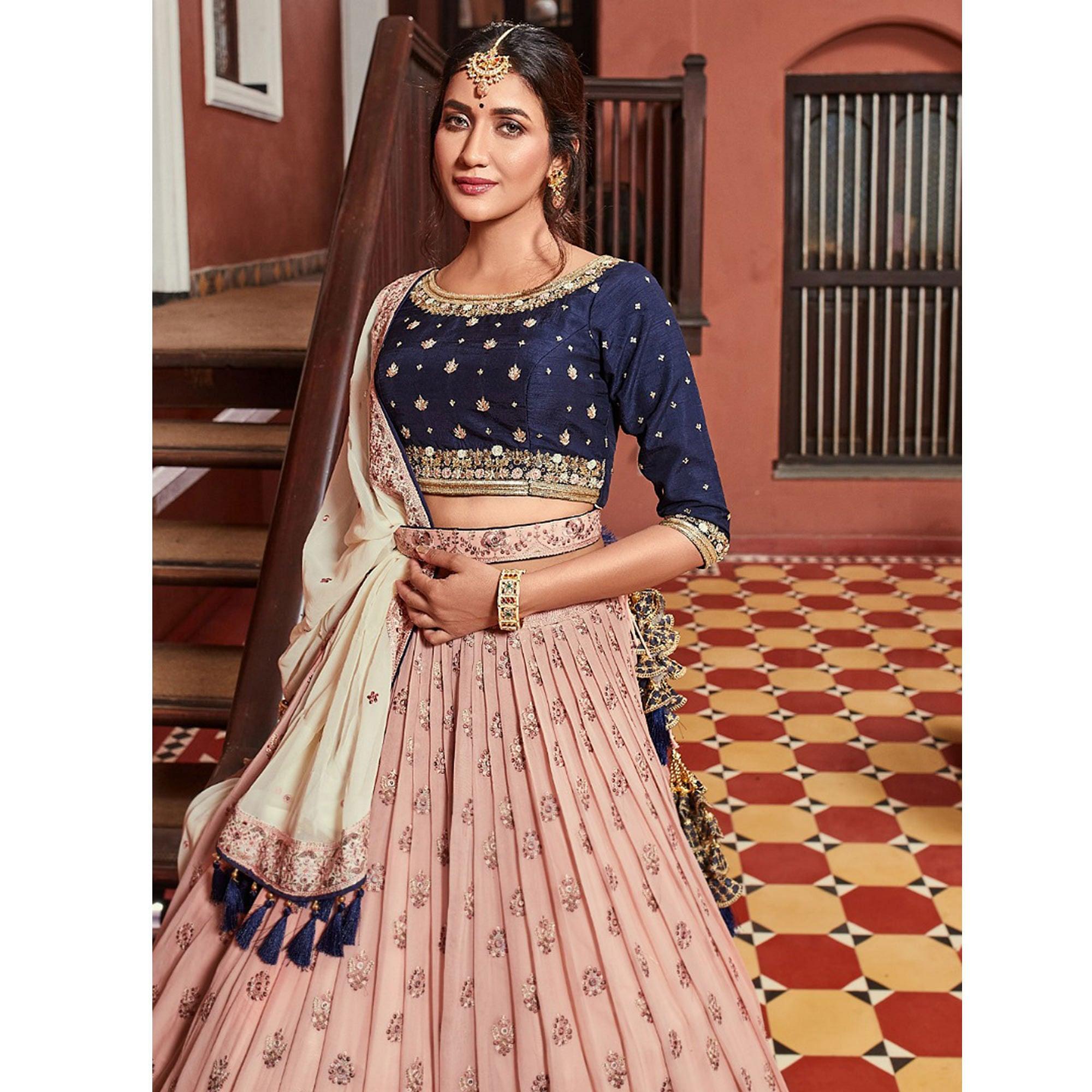 Peach Party Wear Embroidered Georgette Lehenga Choli - Peachmode
