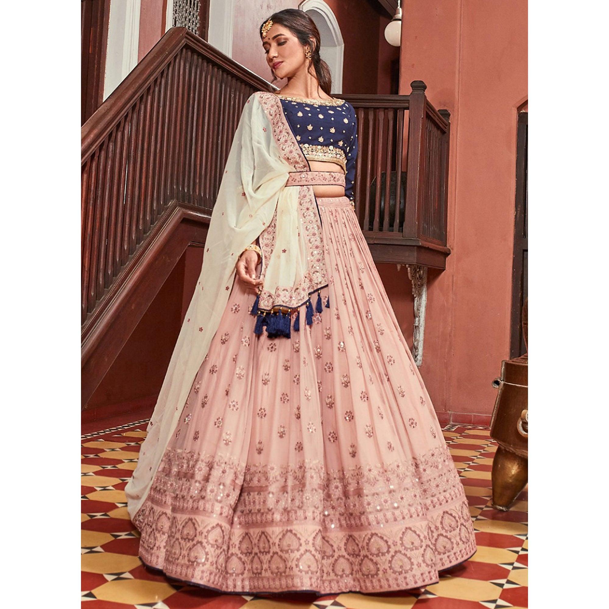 Peach Party Wear Embroidered Georgette Lehenga Choli - Peachmode