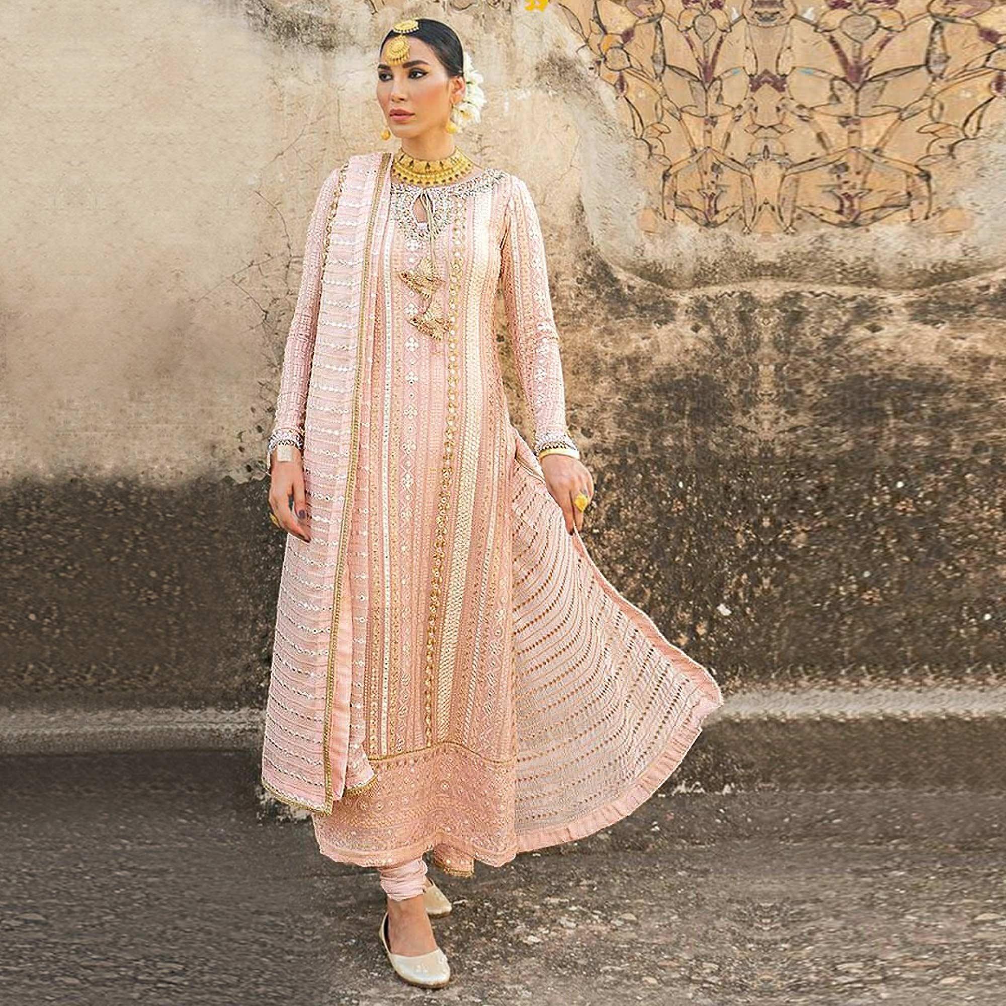 Peach Party Wear Embroidered Georgette Suit - Peachmode