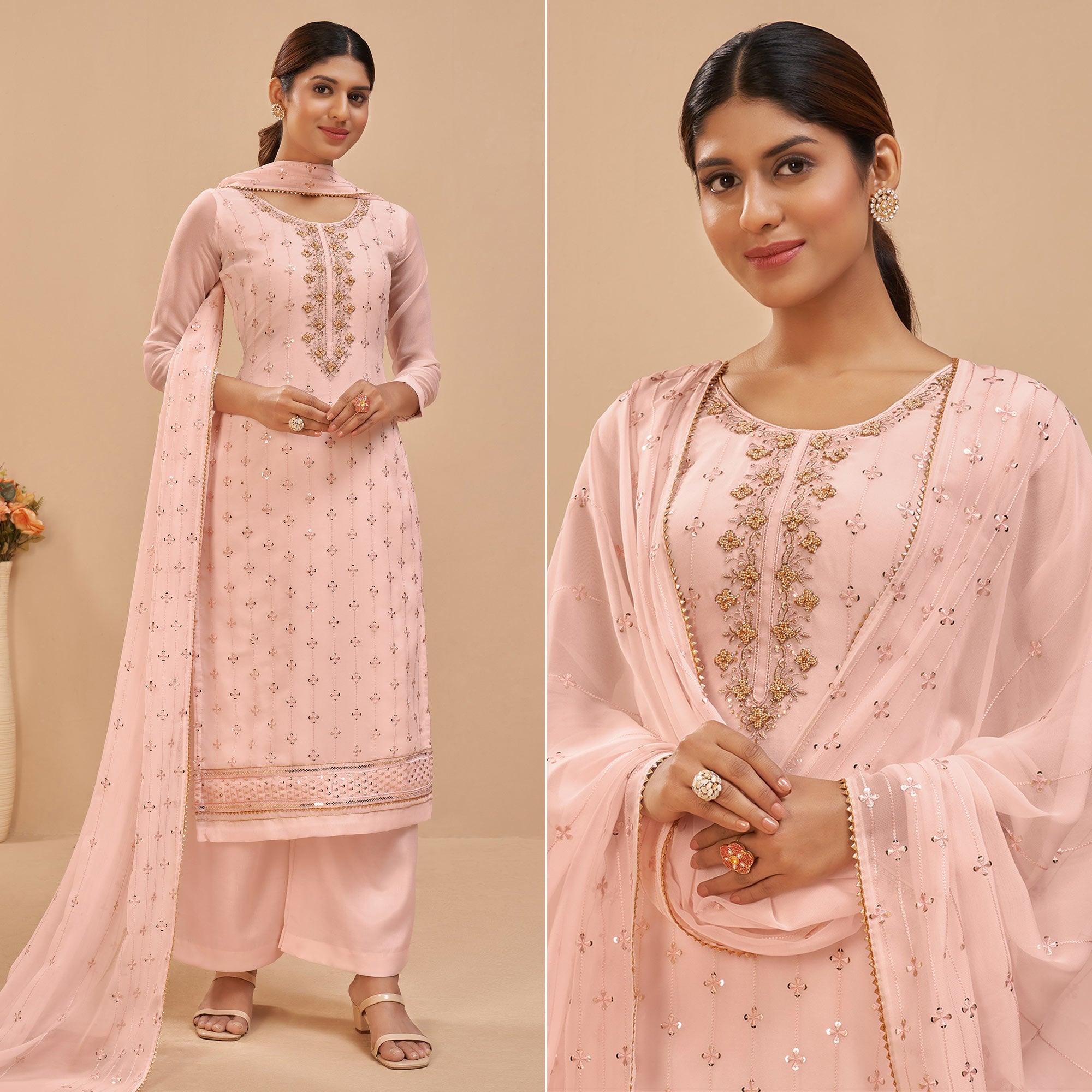 Peach Party Wear Embroidered Georgette Suit - Peachmode