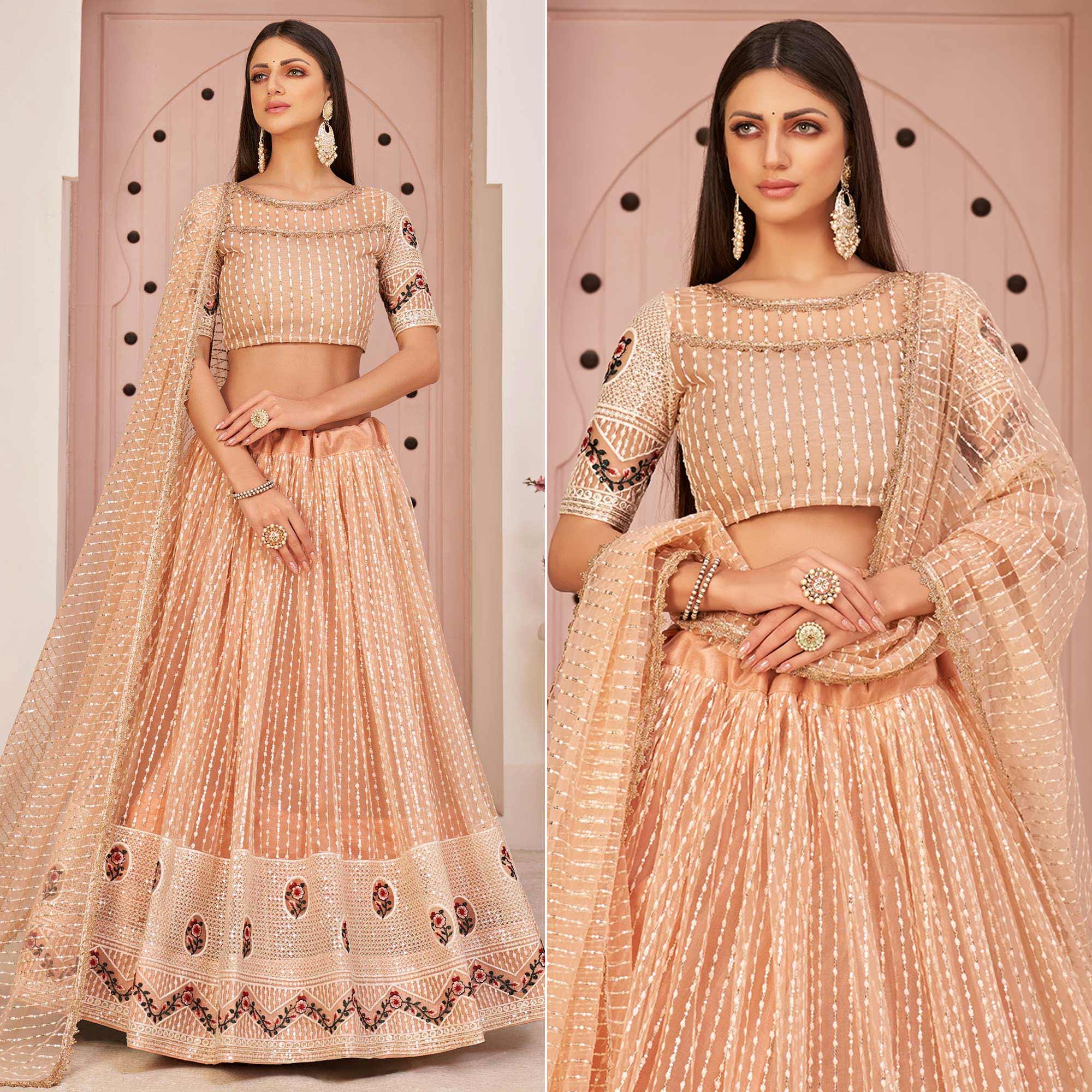 Peach Party Wear Embroidered Netted Lehenga Choli - Peachmode