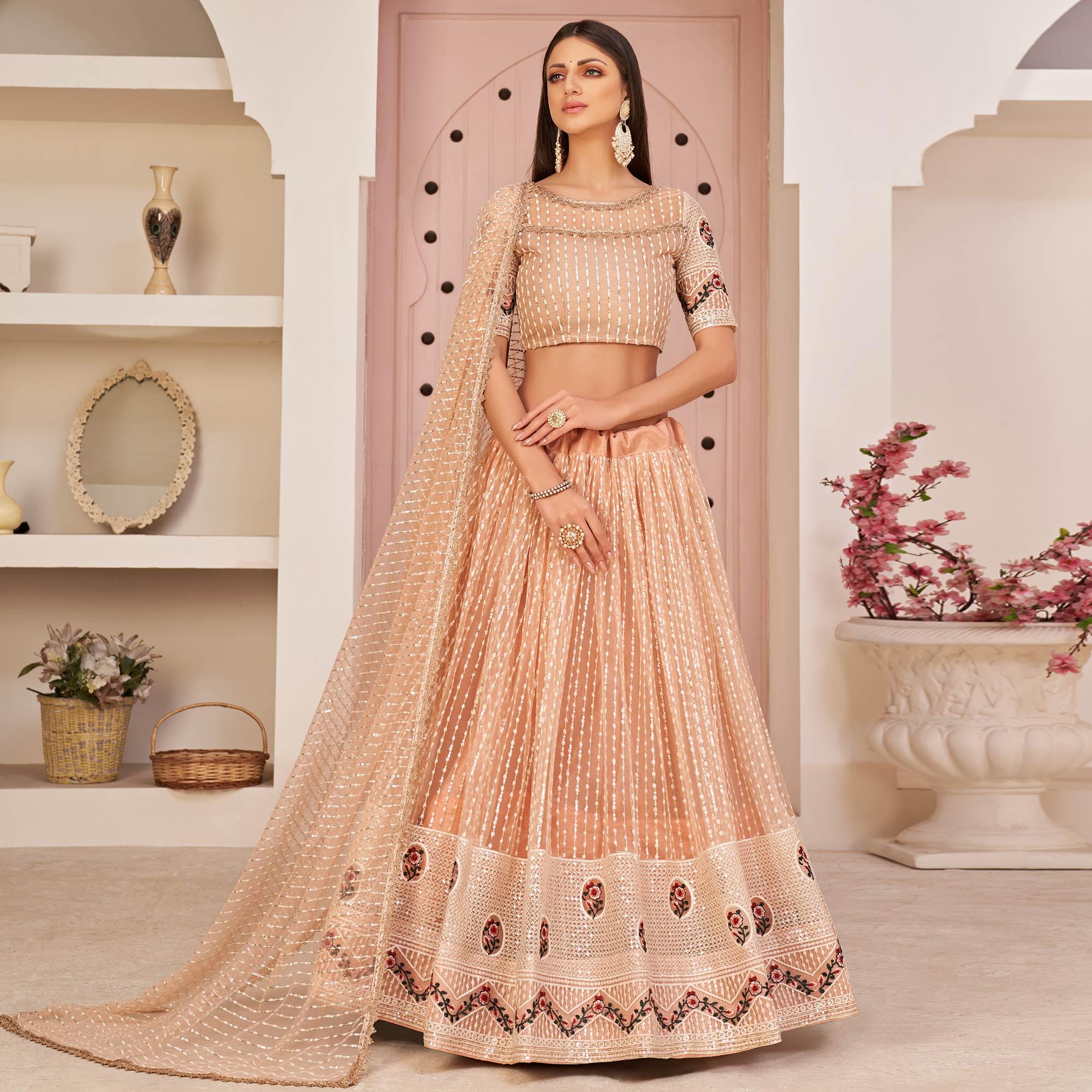 Peach Party Wear Embroidered Netted Lehenga Choli - Peachmode