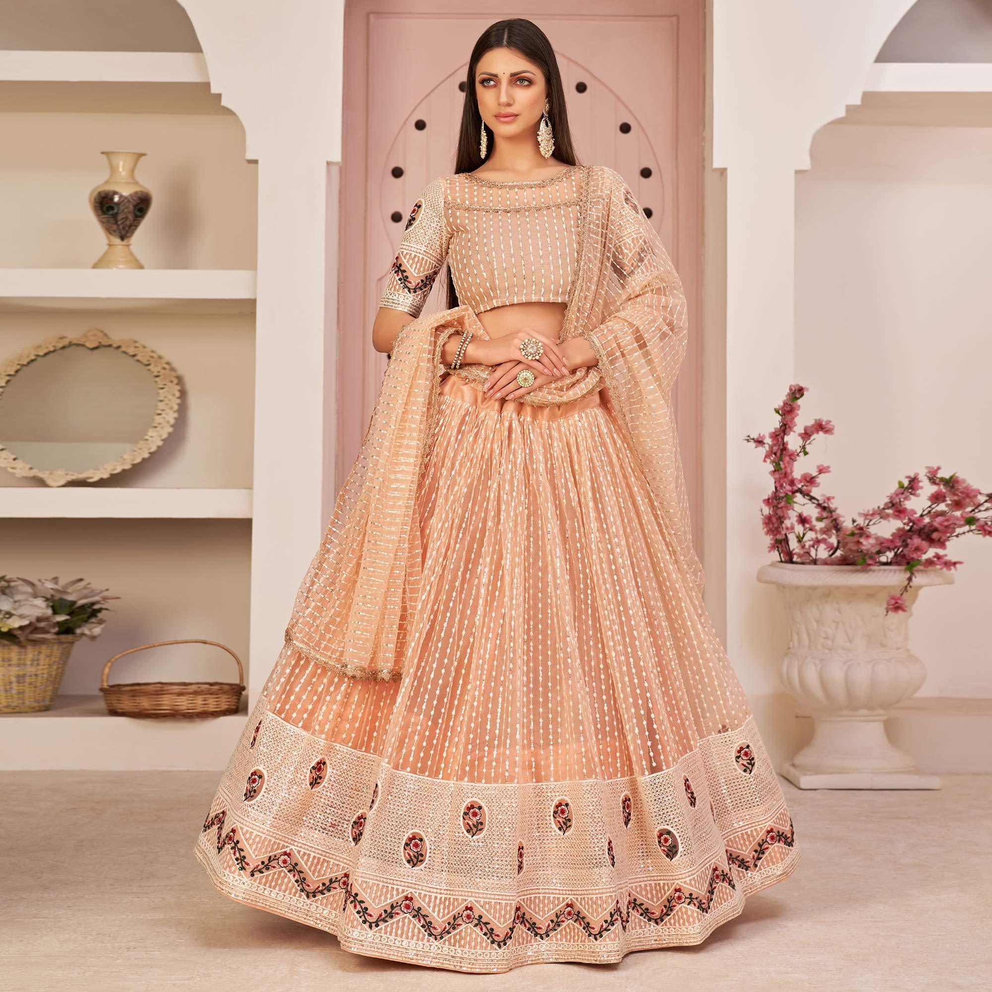 Peach Party Wear Embroidered Netted Lehenga Choli - Peachmode