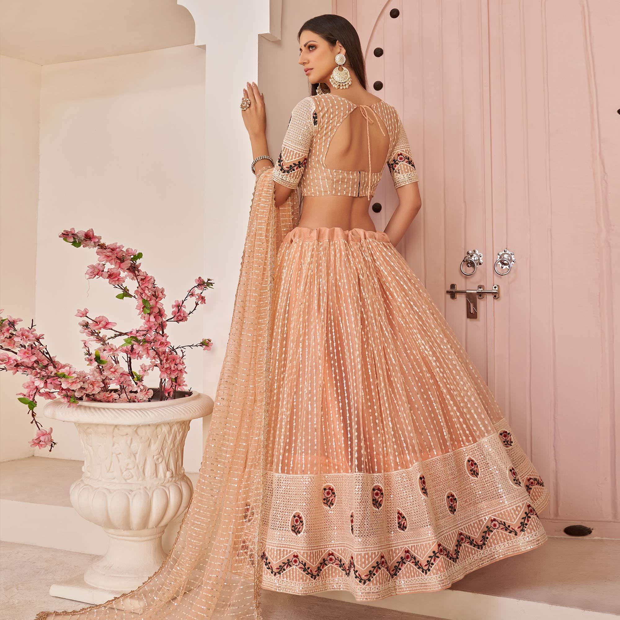 Peach Party Wear Embroidered Netted Lehenga Choli - Peachmode