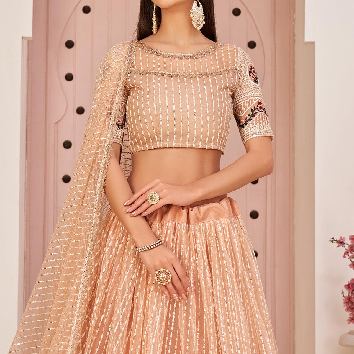 Peach Party Wear Embroidered Netted Lehenga Choli - Peachmode