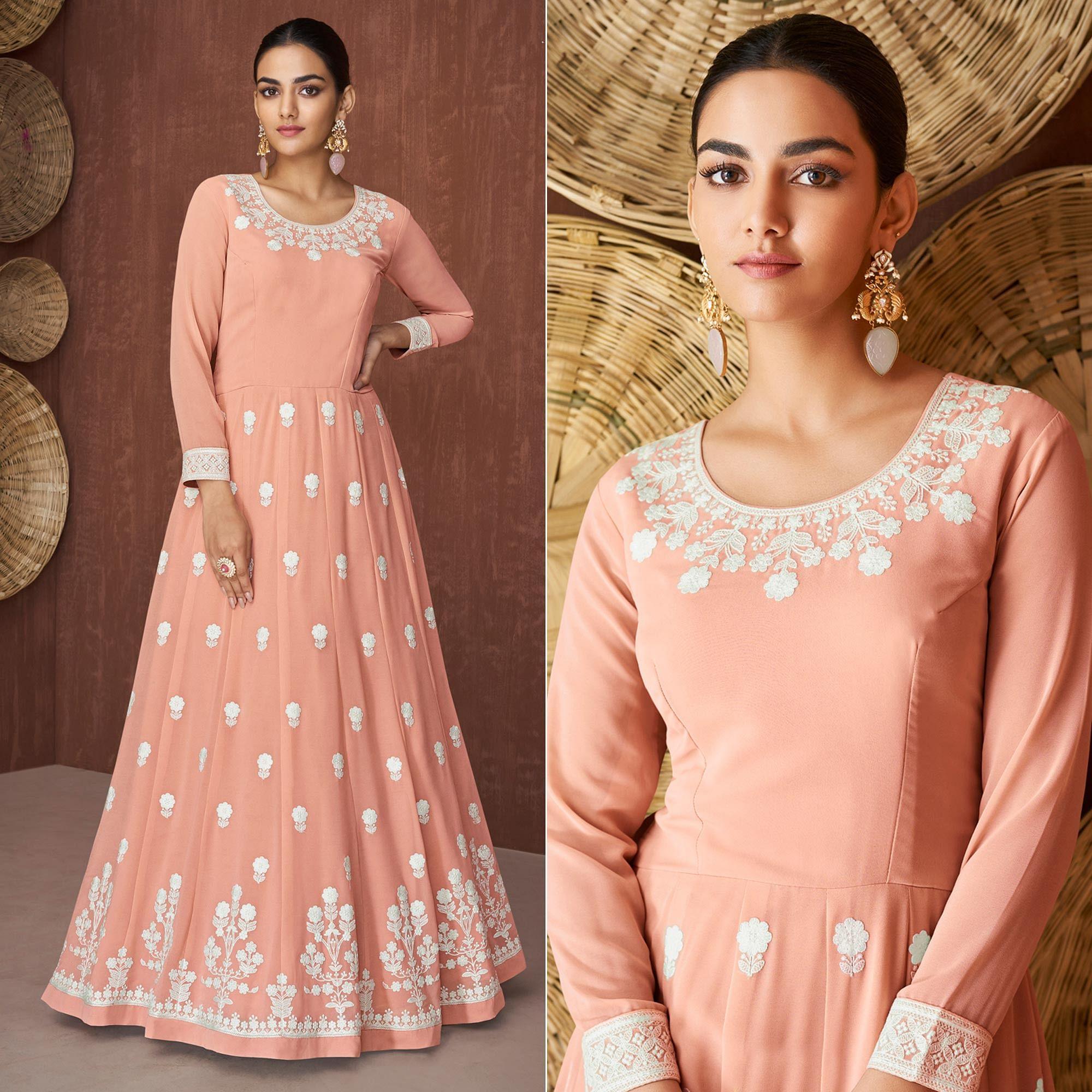 Peach Party Wear Heavy Embroidered Georgette Gown - Peachmode