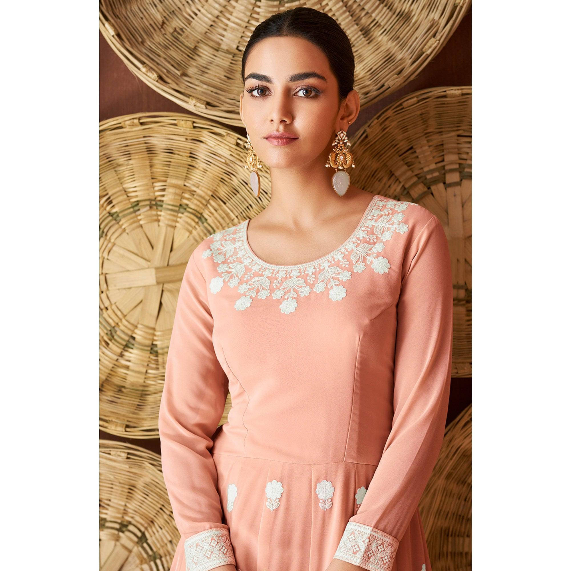 Peach Party Wear Heavy Embroidered Georgette Gown - Peachmode