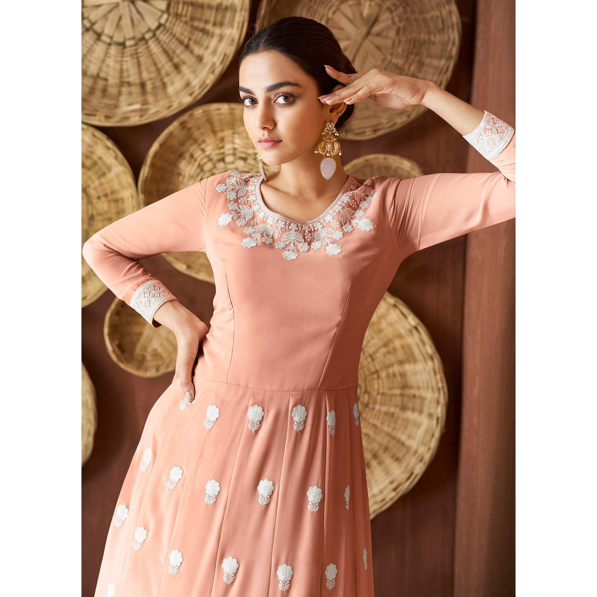 Peach Party Wear Heavy Embroidered Georgette Gown - Peachmode