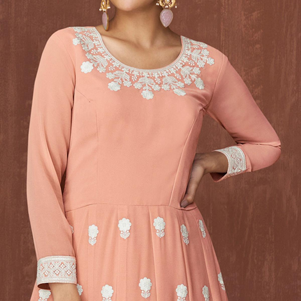 Peach Party Wear Heavy Embroidered Georgette Gown - Peachmode