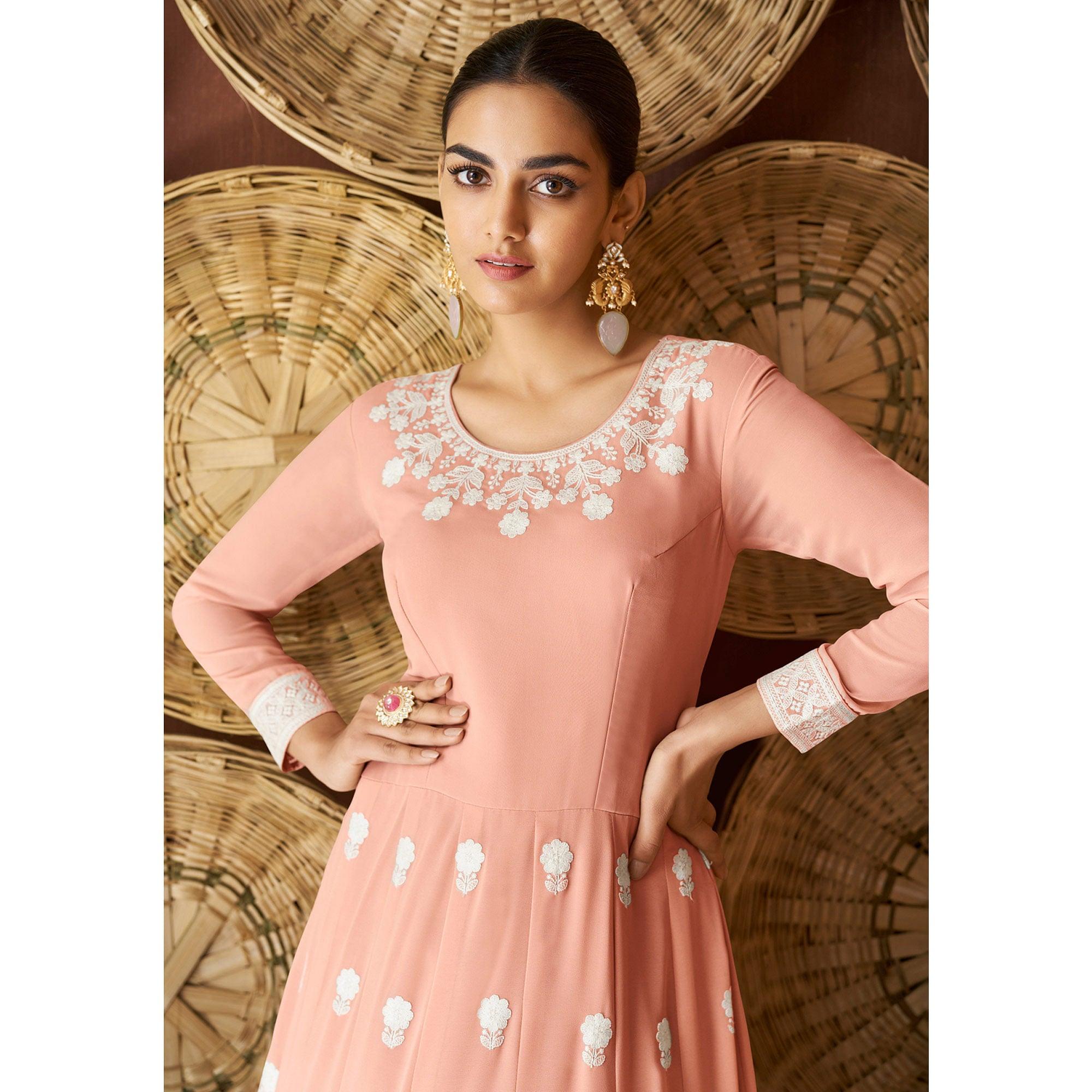 Peach Party Wear Heavy Embroidered Georgette Gown - Peachmode