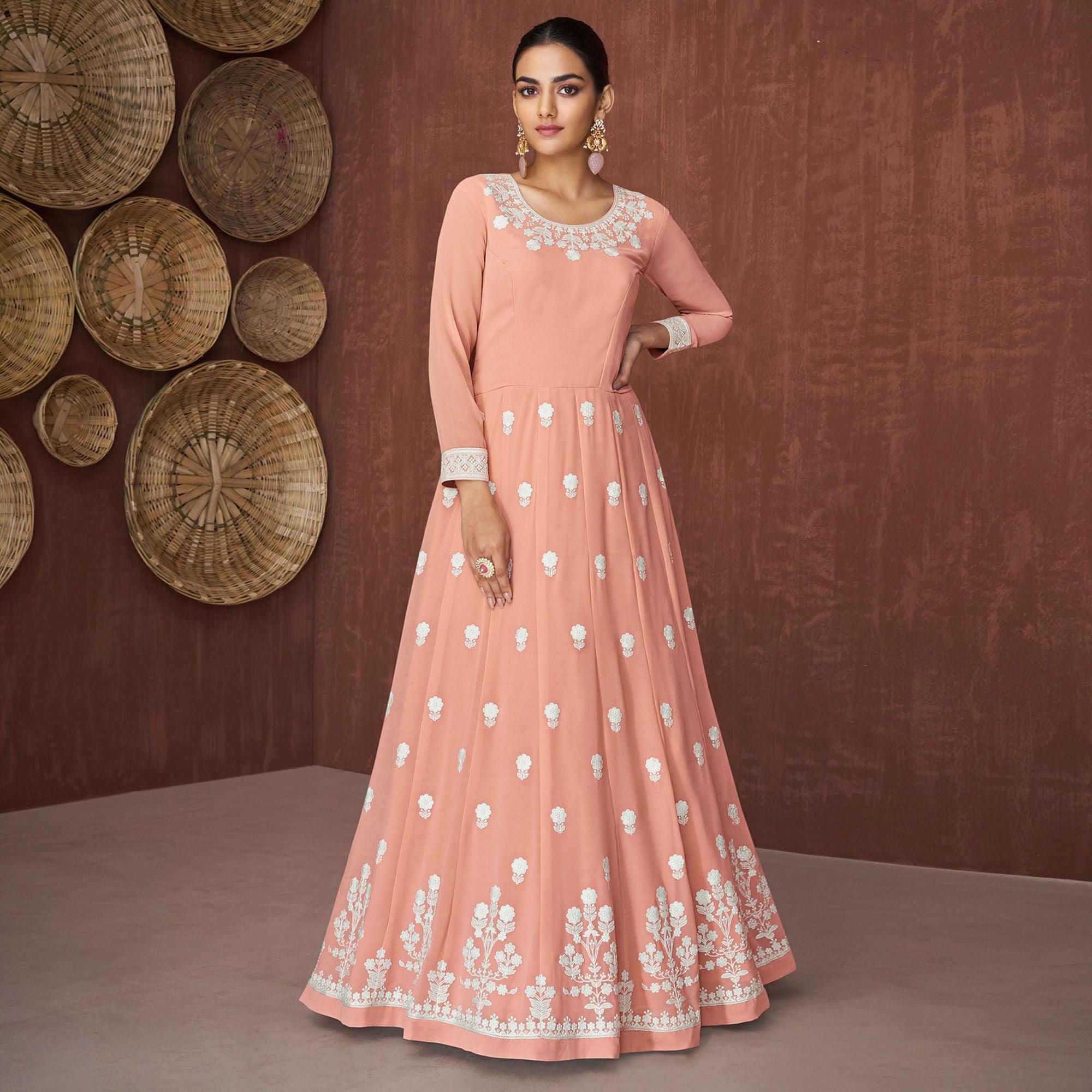 Peach Party Wear Heavy Embroidered Georgette Gown - Peachmode