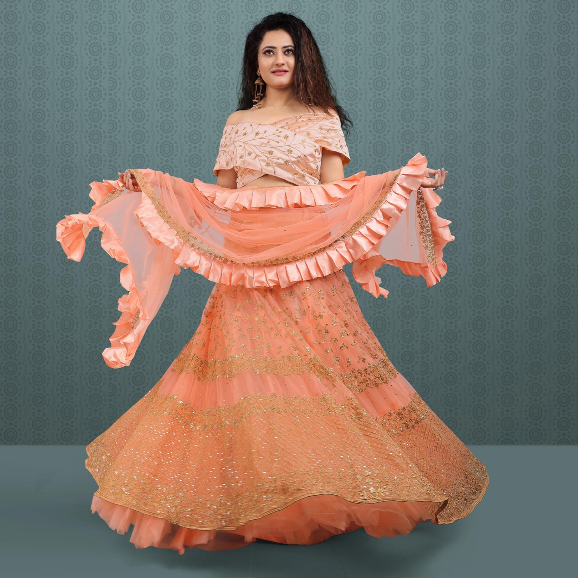 Peach Party Wear Sequence Embroidered Net Lehenga Choli - Peachmode