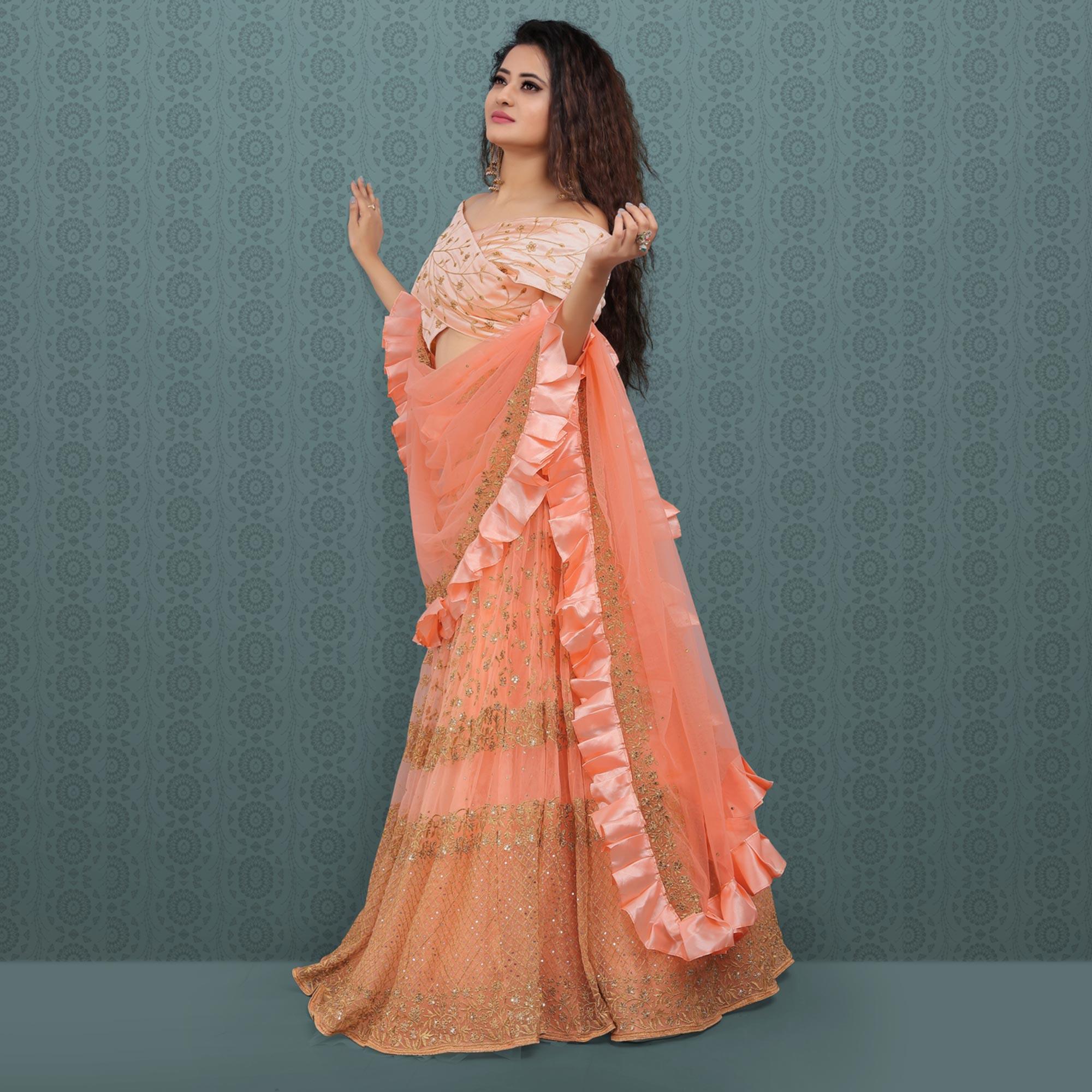 Peach Party Wear Sequence Embroidered Net Lehenga Choli - Peachmode