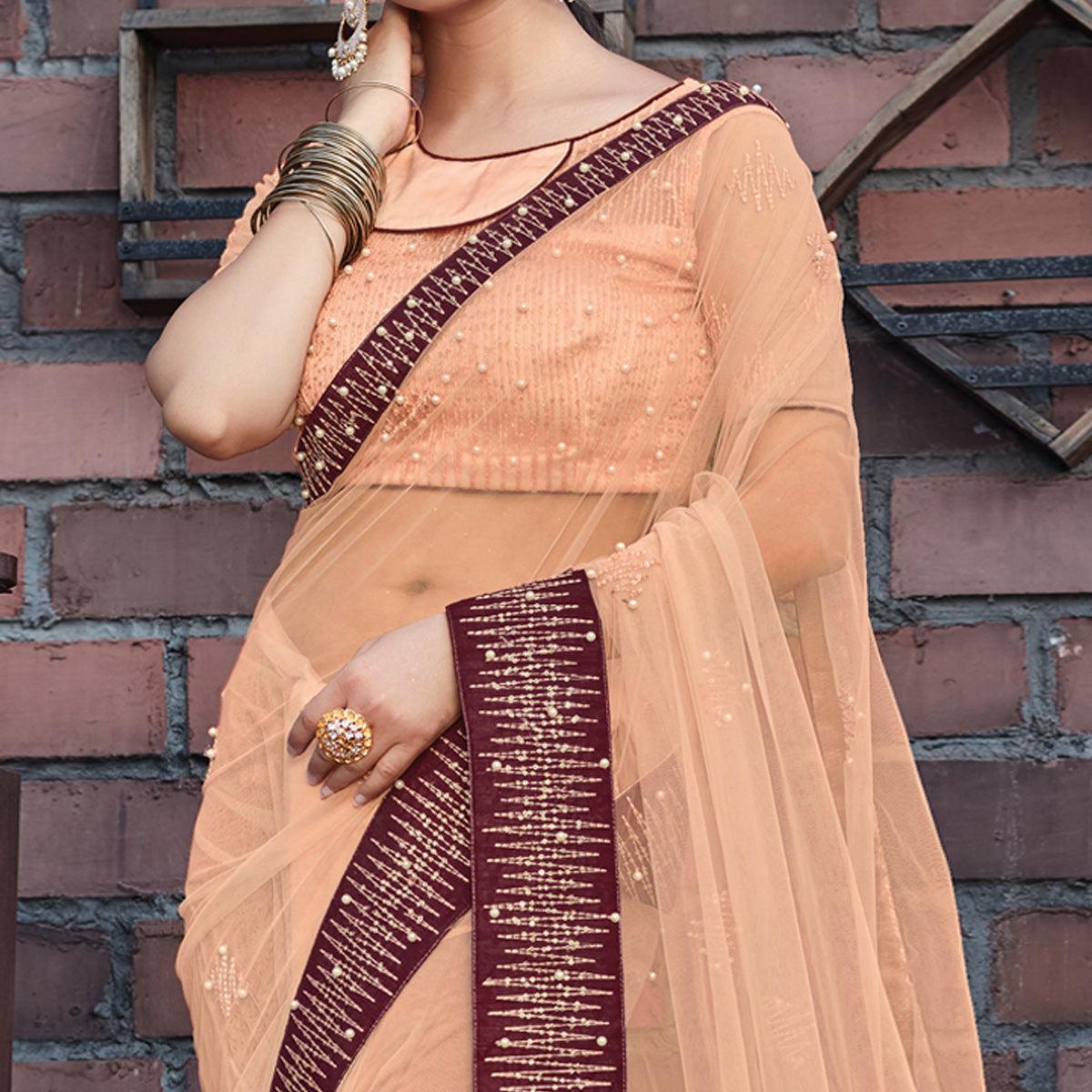 Peach Party Wear Sequence Stone Work Net Saree - Peachmode