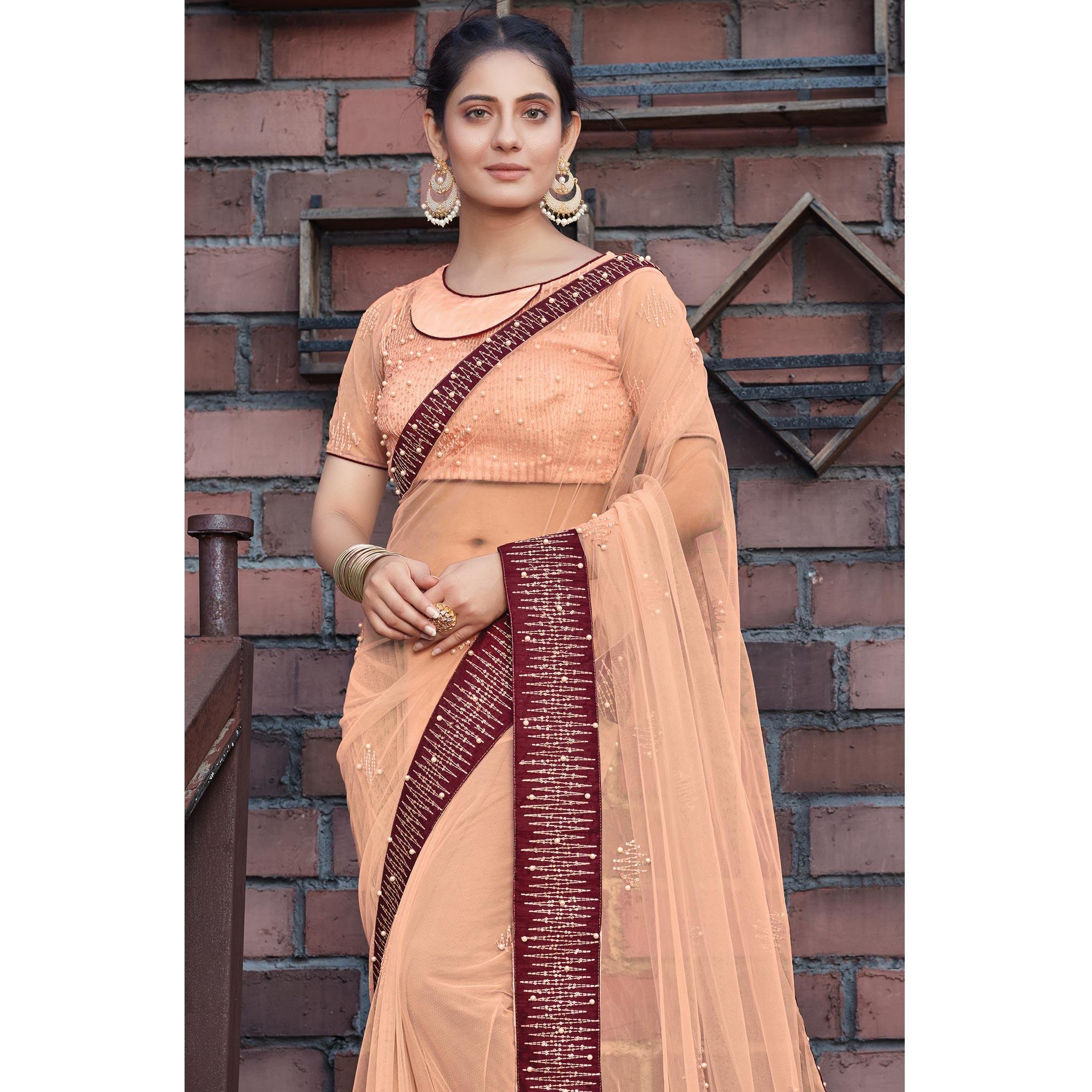 Peach Party Wear Sequence Stone Work Net Saree - Peachmode