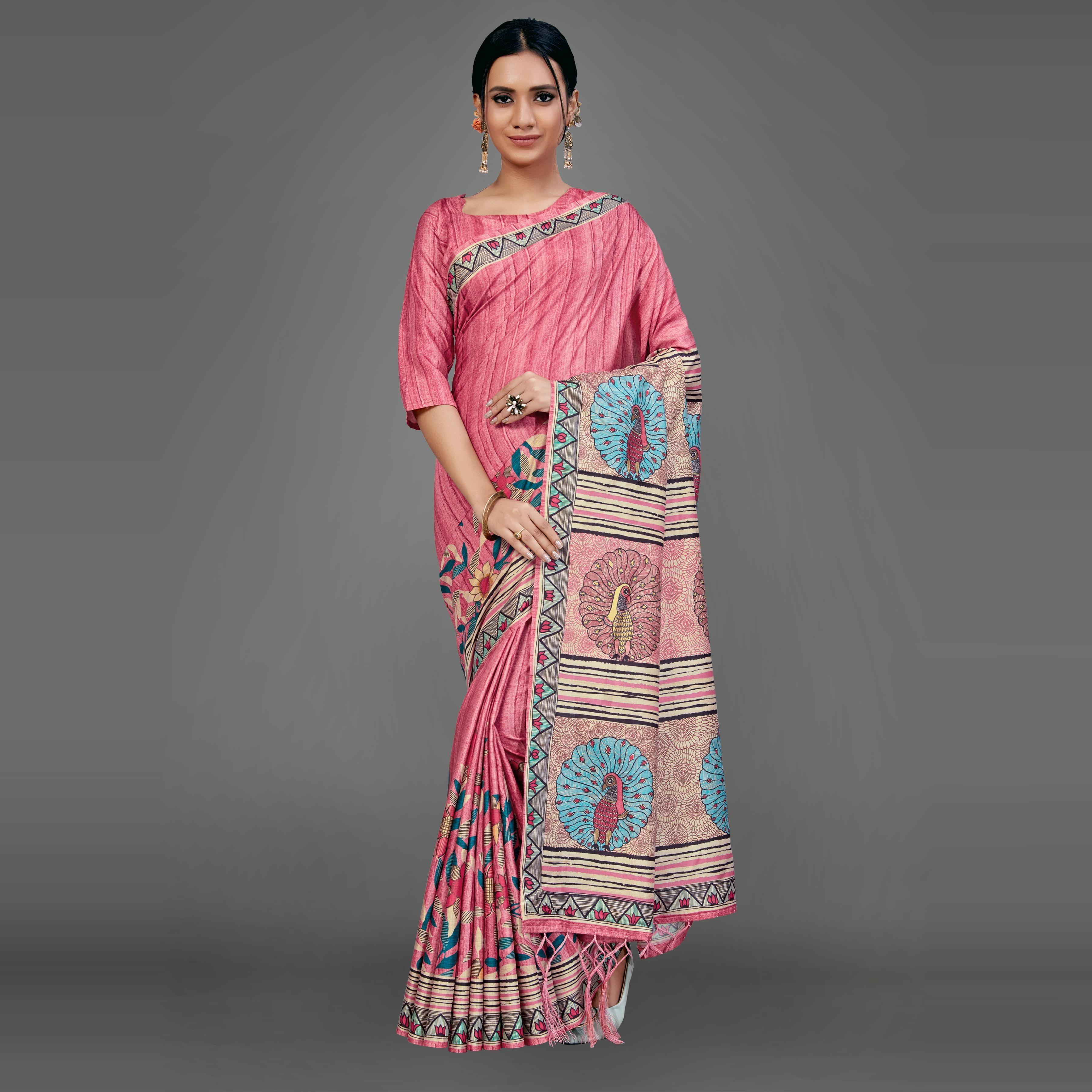 Peach Party Wear Silk Blend Floral-Animal Print Saree With Unstitched Blouse - Peachmode
