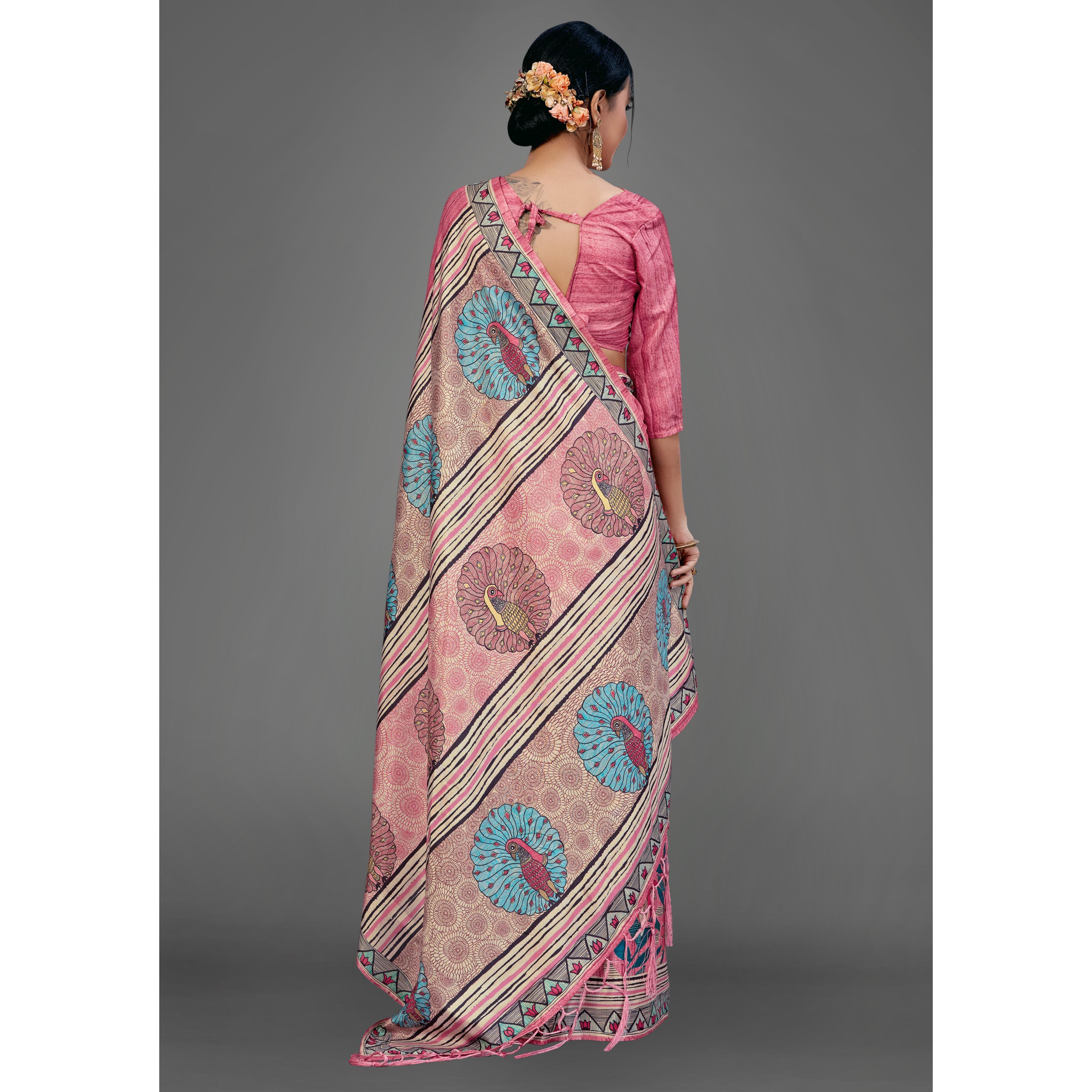 Peach Party Wear Silk Blend Floral-Animal Print Saree With Unstitched Blouse - Peachmode