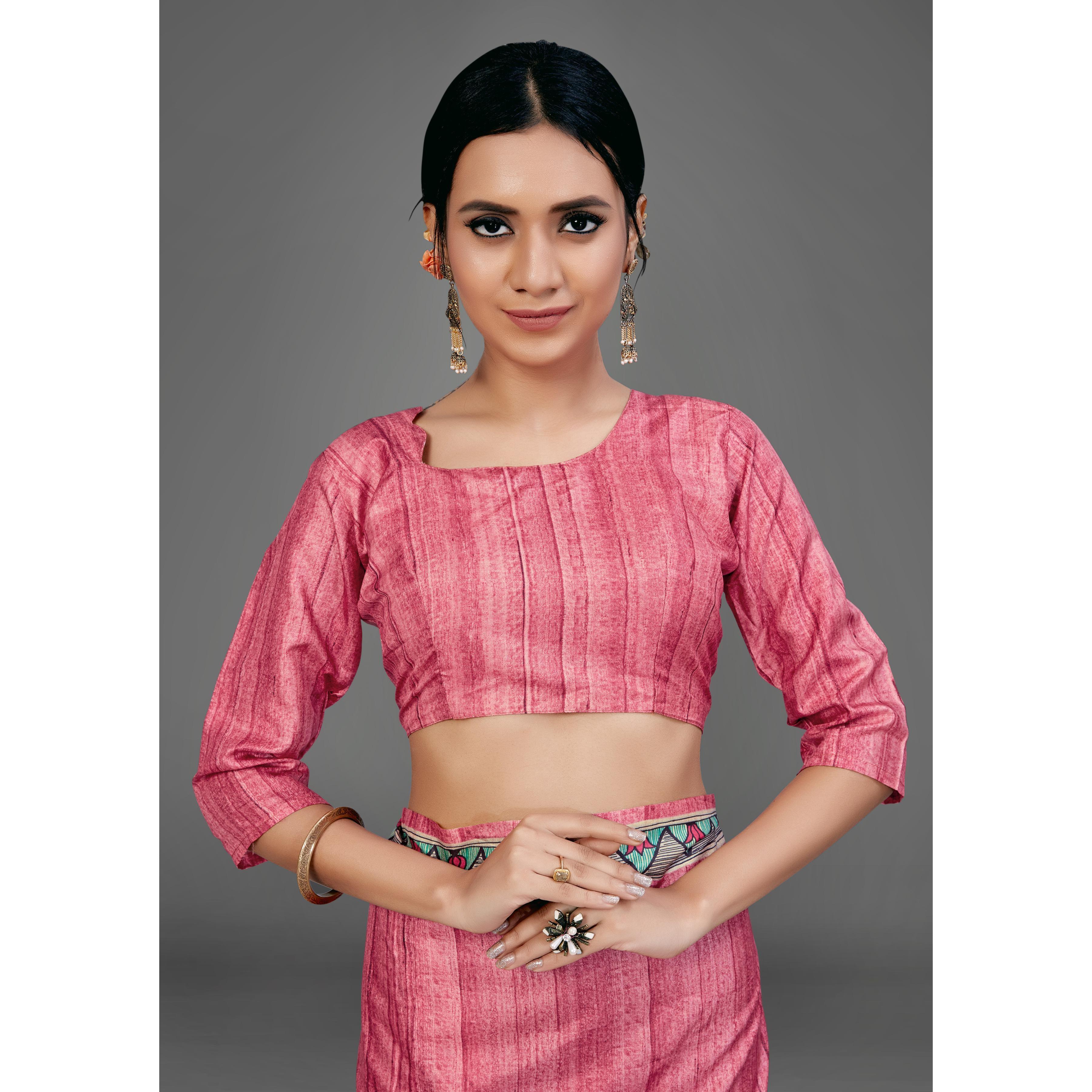 Peach Party Wear Silk Blend Floral-Animal Print Saree With Unstitched Blouse - Peachmode