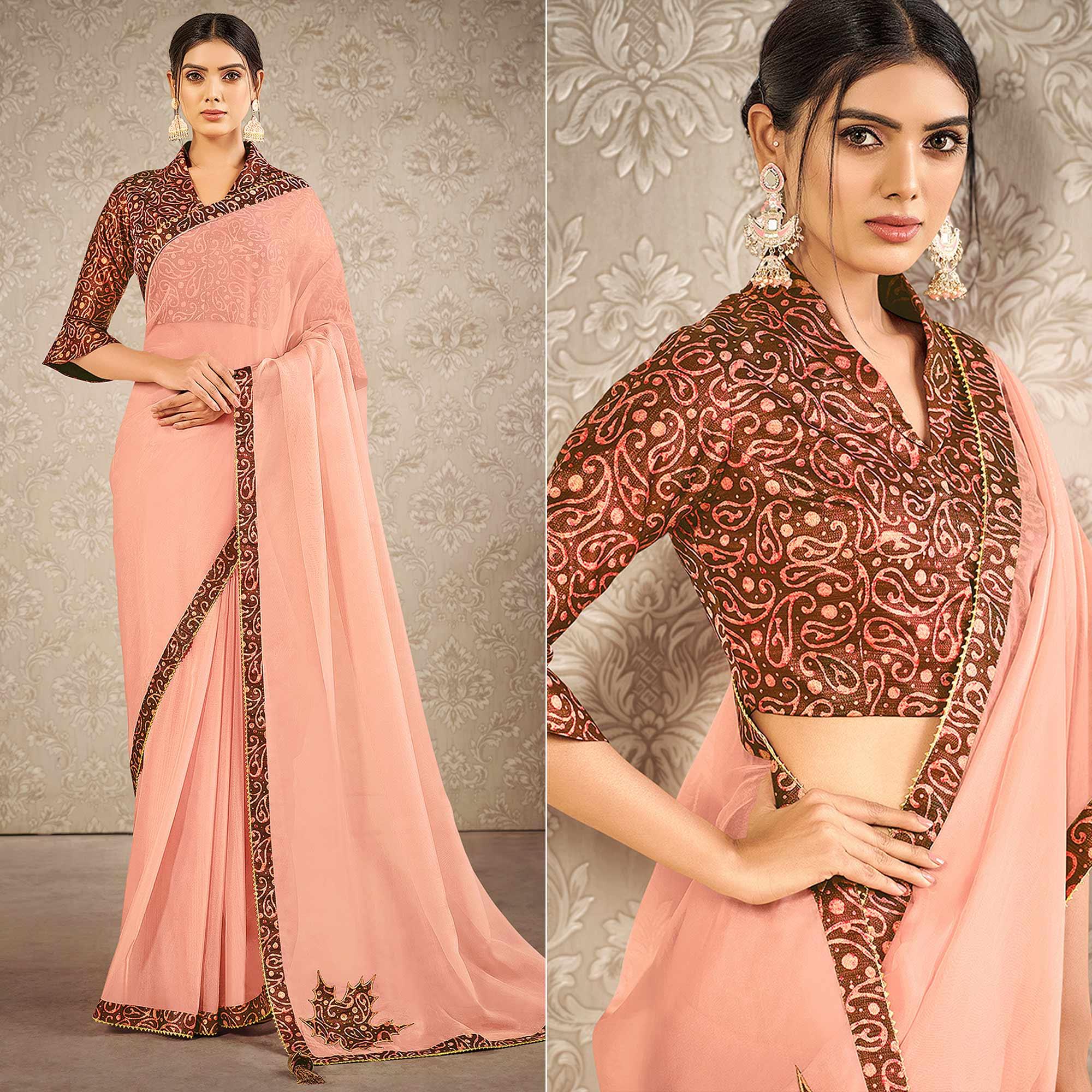 Peach Partywear Appliqued With Digital Printed Silk Saree - Peachmode