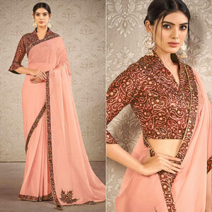 Peach Partywear Appliqued With Digital Printed Silk Saree - Peachmode