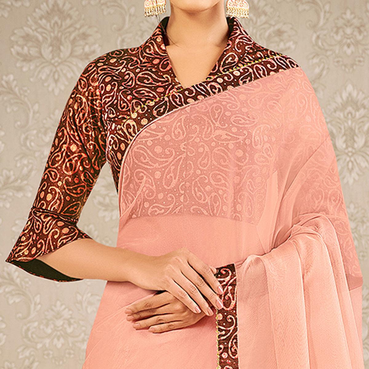 Peach Partywear Appliqued With Digital Printed Silk Saree - Peachmode