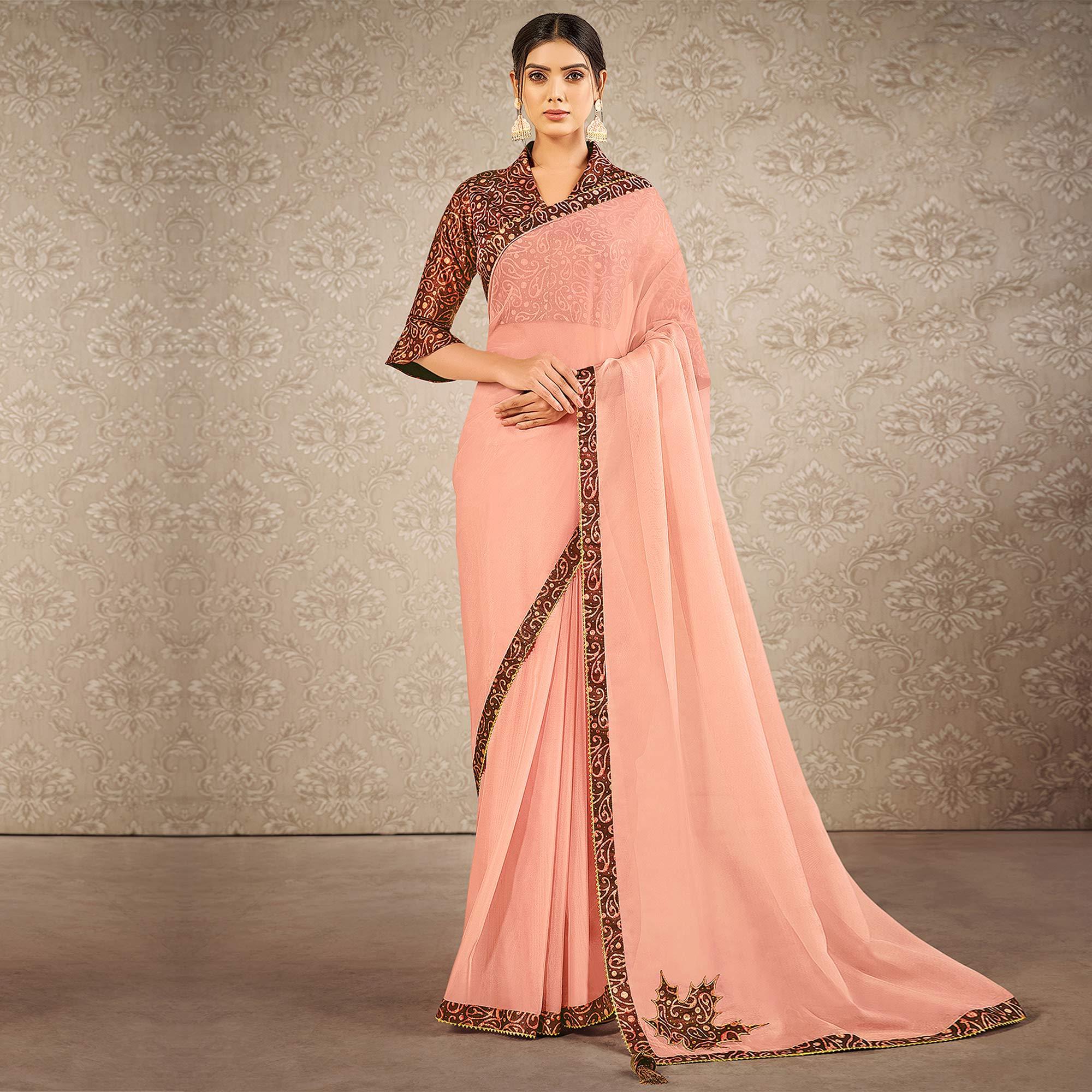 Peach Partywear Appliqued With Digital Printed Silk Saree - Peachmode