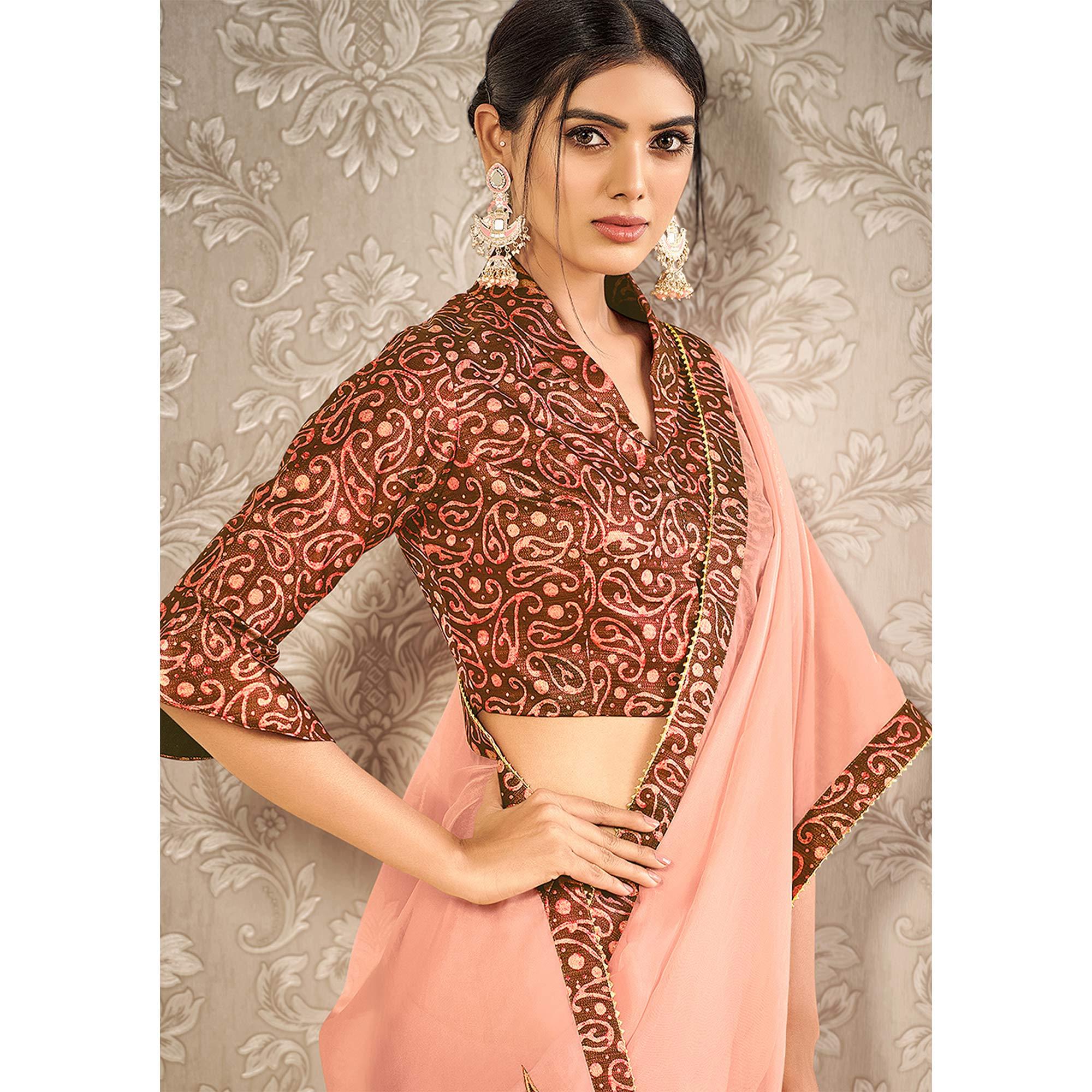 Peach Partywear Appliqued With Digital Printed Silk Saree - Peachmode