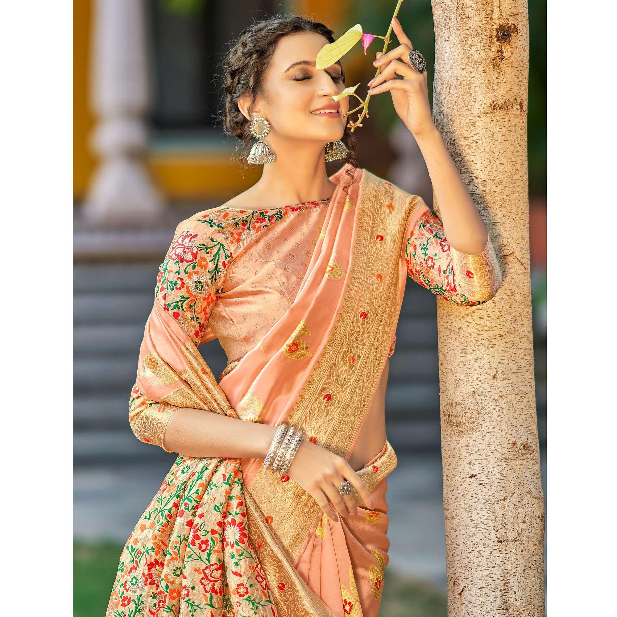 Peach Partywear Banarasi Woven Silk Saree with Kashmiri Pallu - Peachmode