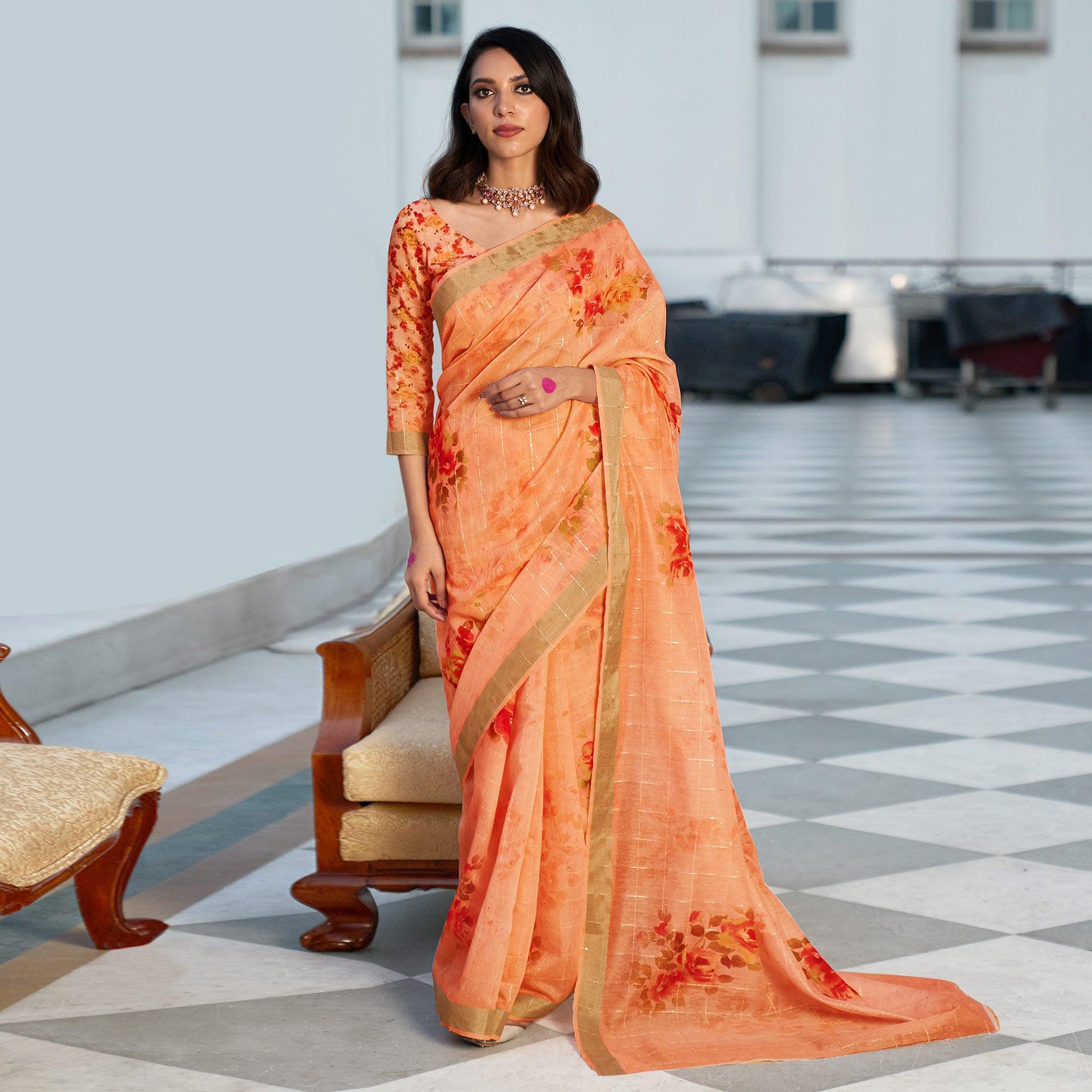 Peach Partywear Digital Printed & Sequence Woven Pure Linen Saree - Peachmode