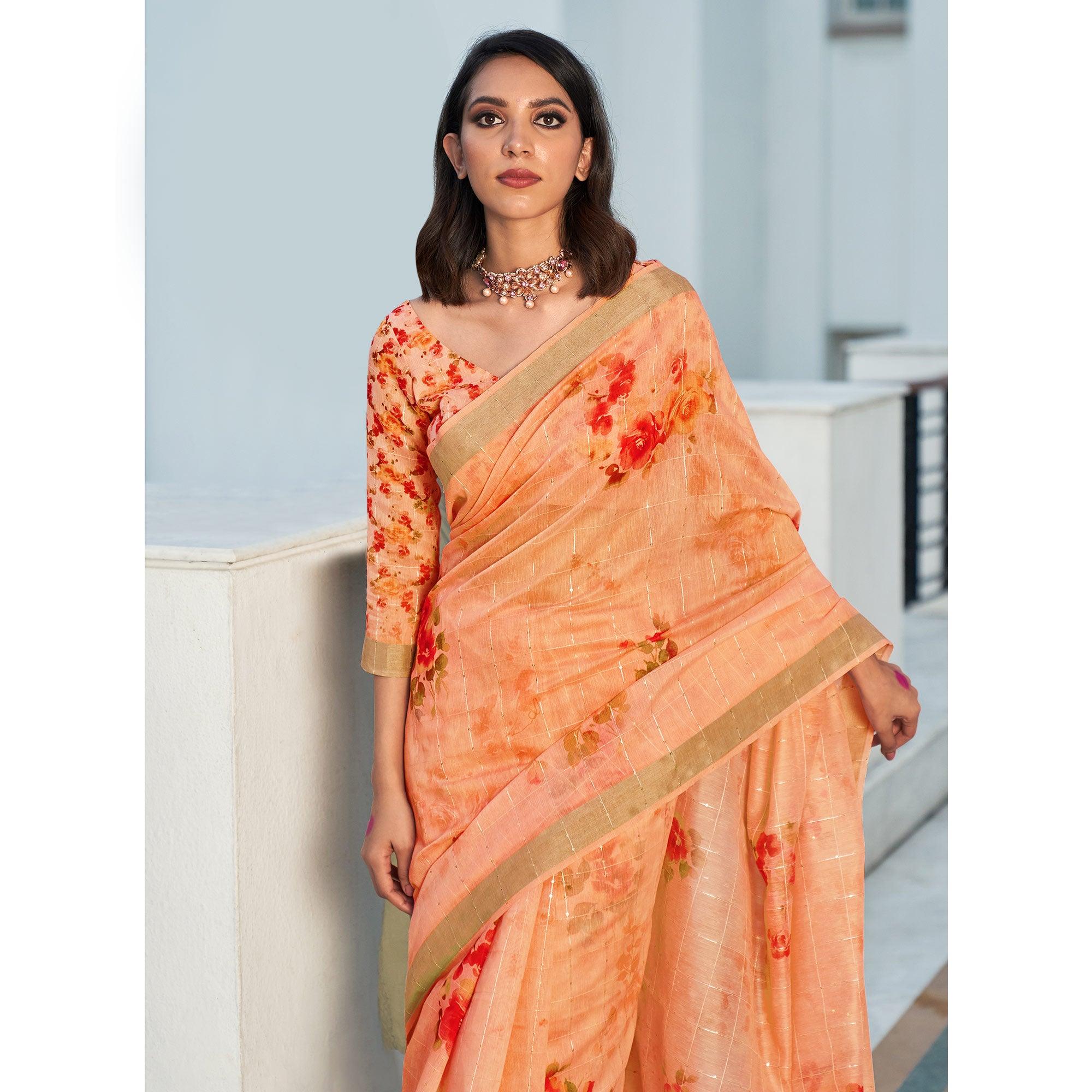 Peach Partywear Digital Printed & Sequence Woven Pure Linen Saree - Peachmode