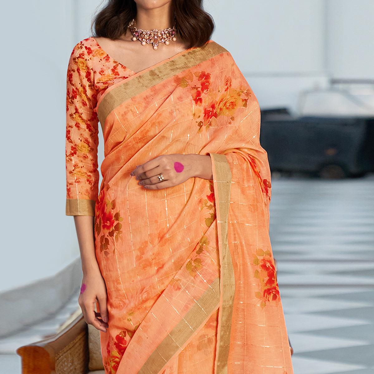 Peach Partywear Digital Printed & Sequence Woven Pure Linen Saree - Peachmode